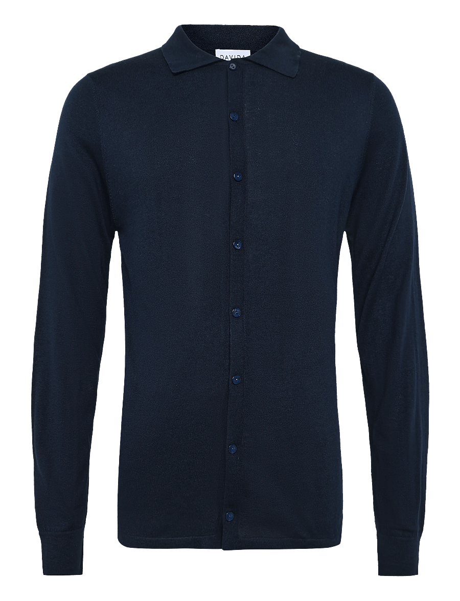 Davida Cashmere - Man Fine Knit Classic Shirt - pikkade varrukatega kootud polod - navy - 1