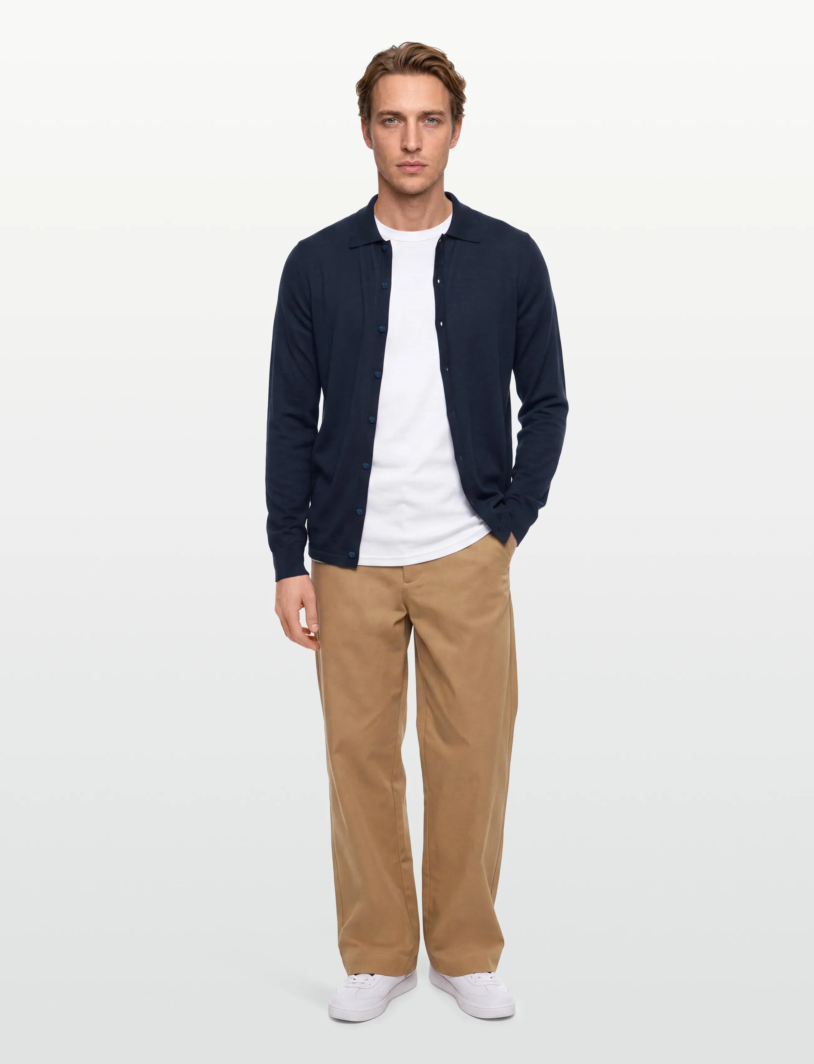 Davida Cashmere Man Fine Knit Classic Shirt, S, Knitwear, Marineblau - Long Sleeve Knitted Polos, Männerswear
