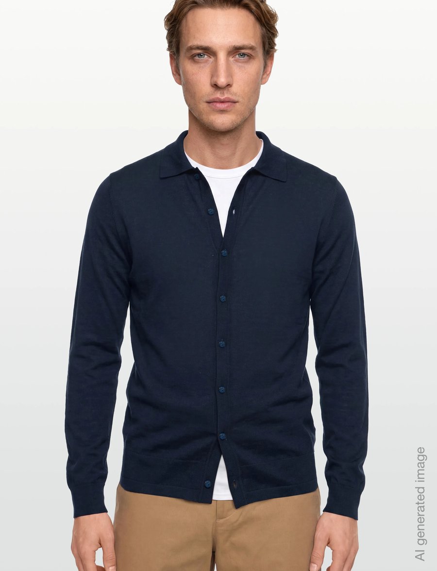 Davida Cashmere - Man Fine Knit Classic Shirt - pikkade varrukatega kootud polod - navy - 3