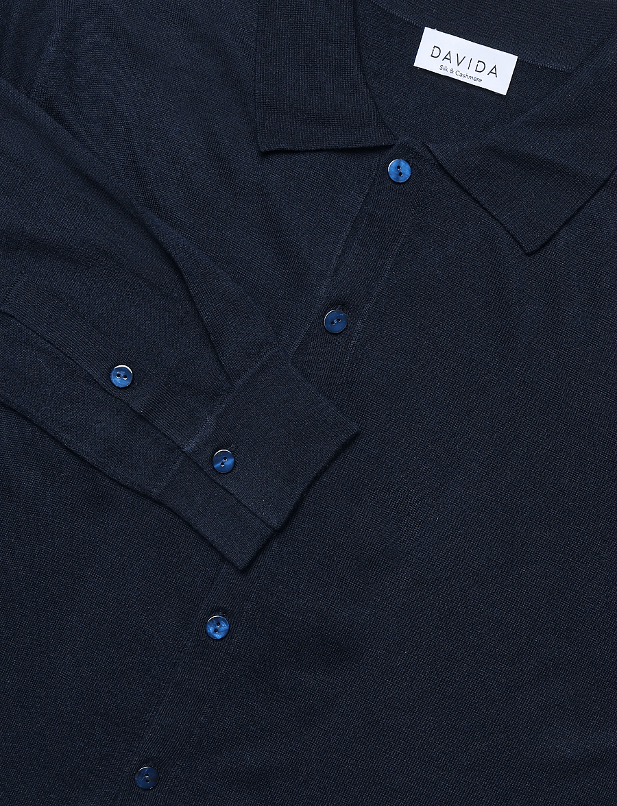Davida Cashmere - Man Fine Knit Classic Shirt - pikkade varrukatega kootud polod - navy - 5