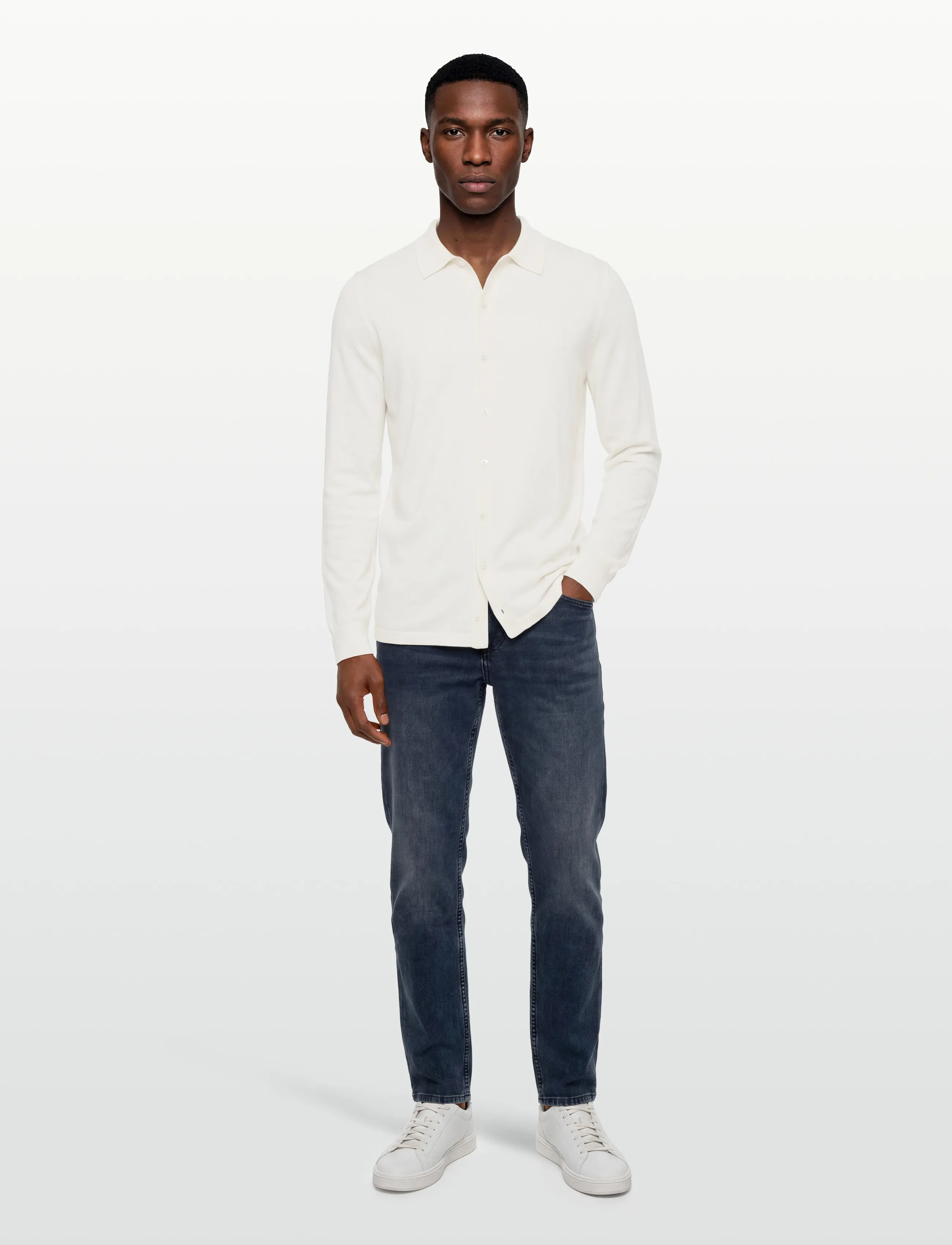 Davida Cashmere Man Fine Knit Classic Shirt, XL, Knitwear, Weiß - Long Sleeve Knitted Polos, Männerswear
