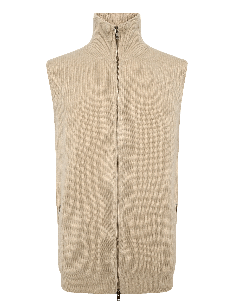 Davida Cashmere - Man Zip Pockets Vest - knitted vests - wheat - 0