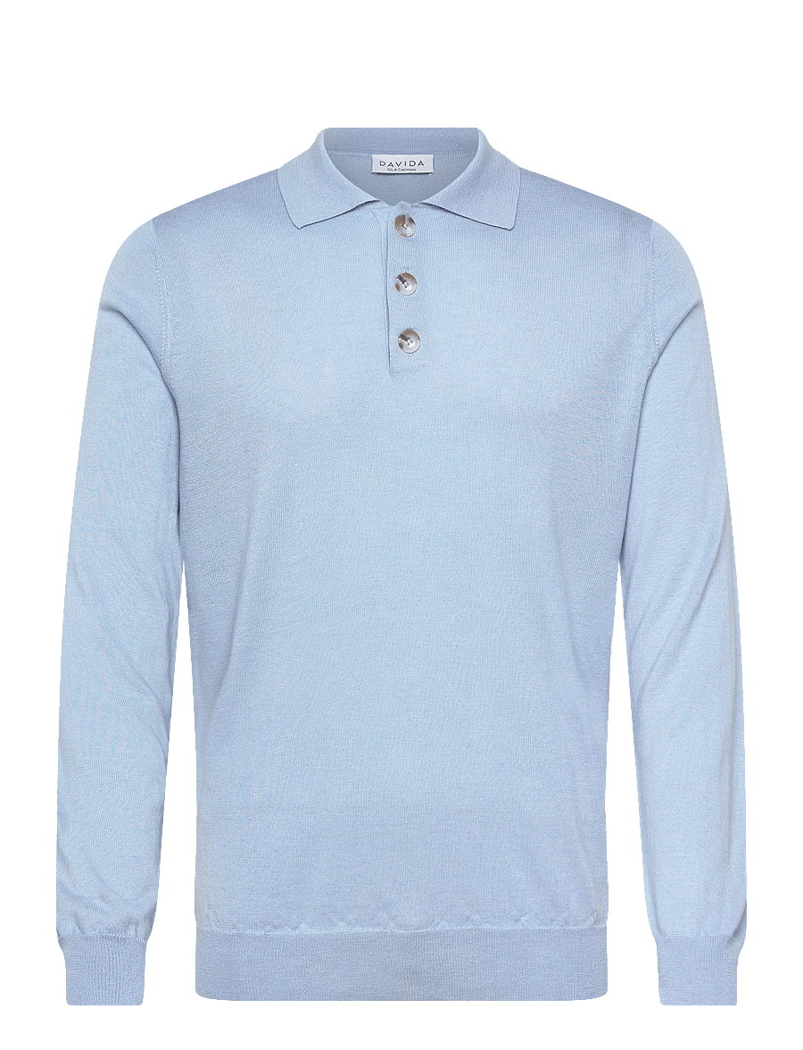 Davida Cashmere - Man fine knit collar - long-sleeved knitted polos - blue fug - 1