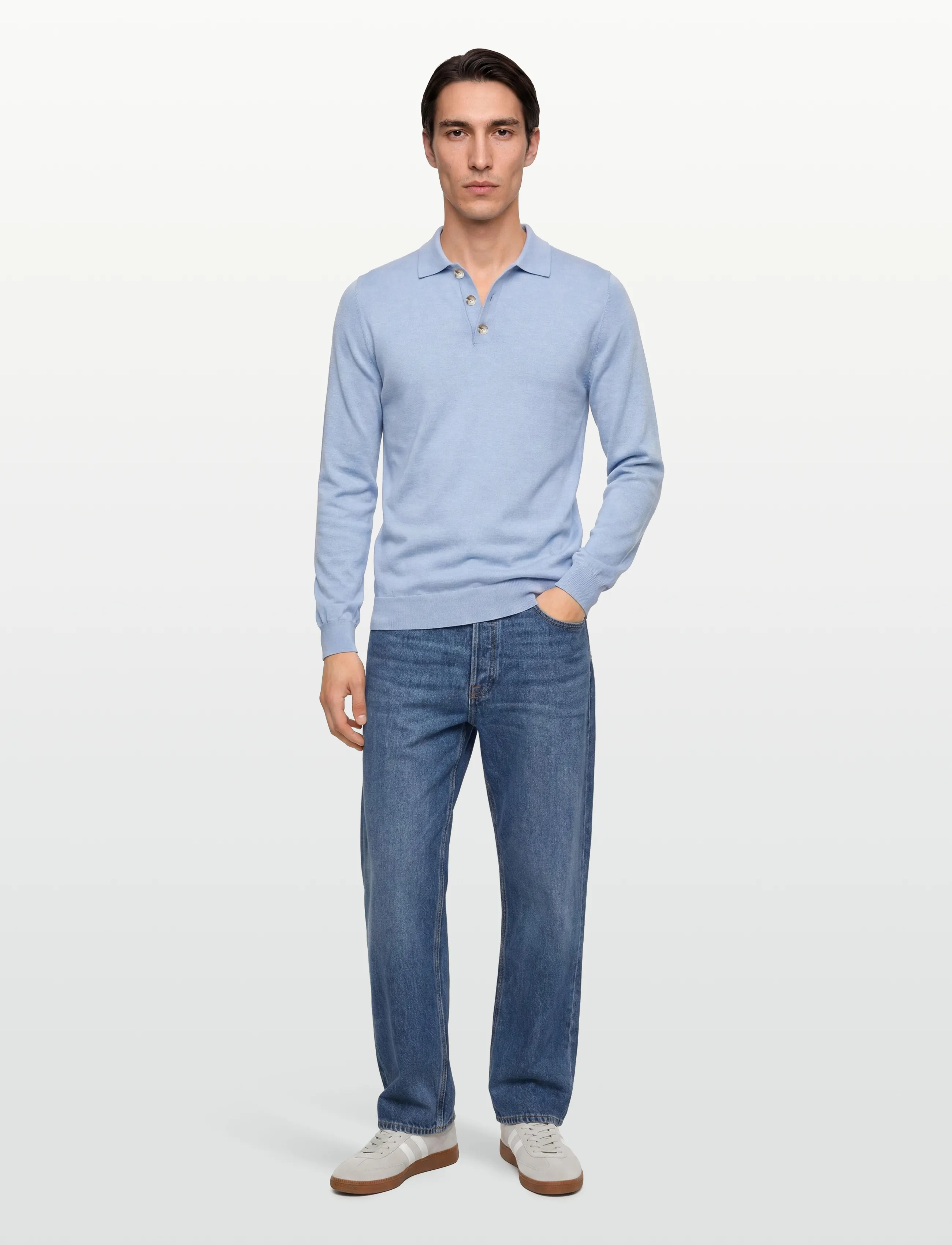 Davida Cashmere Man Fine Knit Collar, Mænd, Fin Strikket Langærmet Polo Shirt, Blå, Str: M