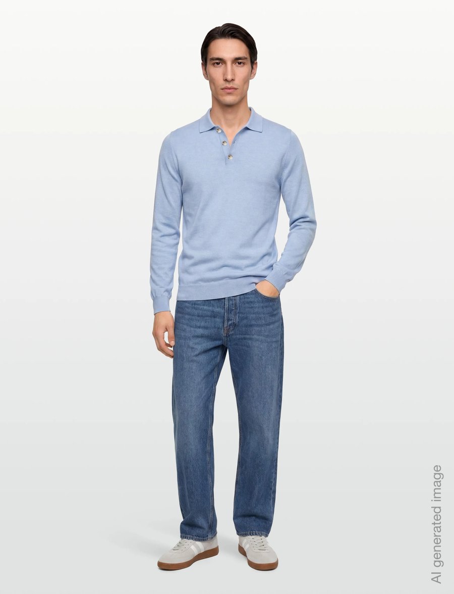 Davida Cashmere - Man fine knit collar - long-sleeved knitted polos - blue fug - 0