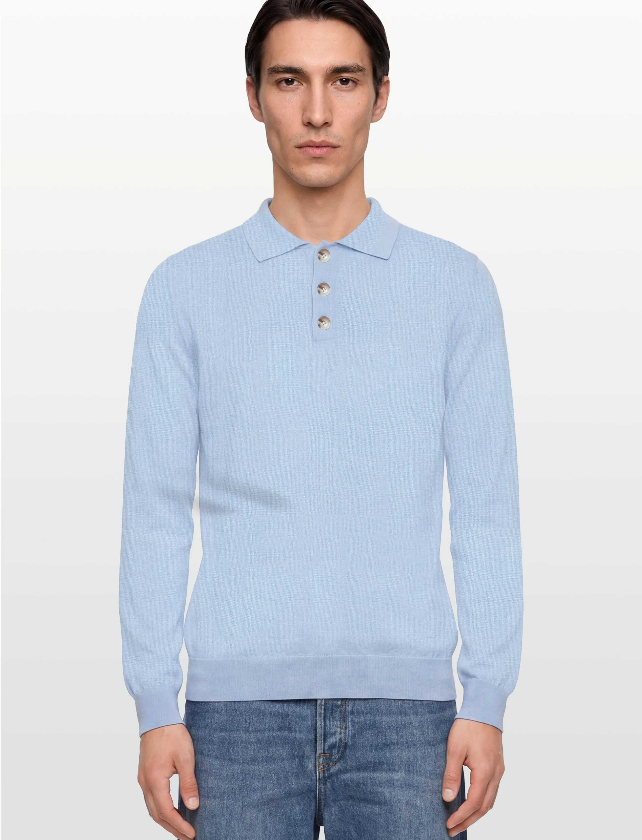 Davida Cashmere - Man fine knit collar - polos en tricot à manches longues - blue fug - 3