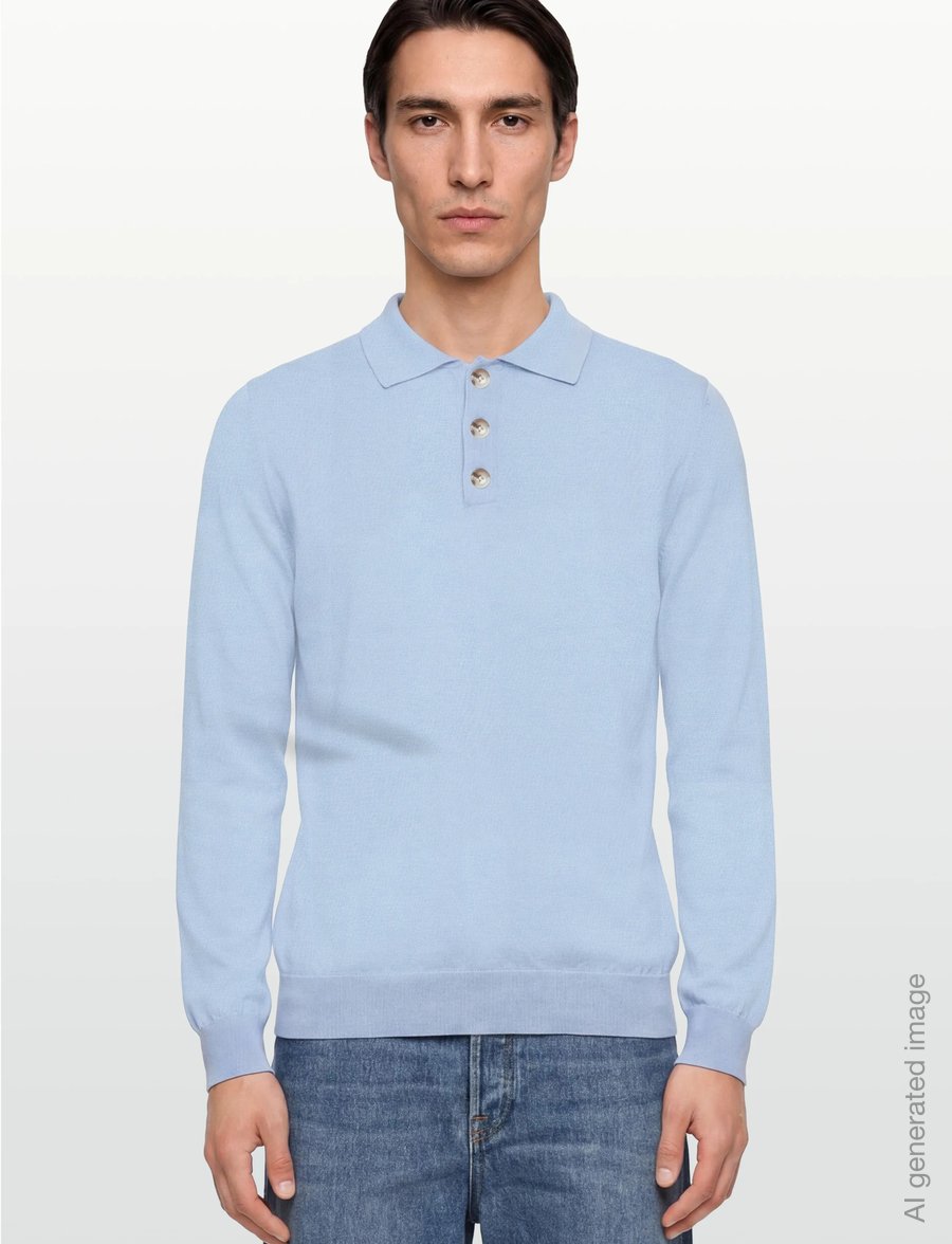 Davida Cashmere - Man fine knit collar - long-sleeved knitted polos - blue fug - 3