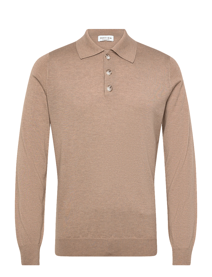 Davida Cashmere - Man fine knit collar - long-sleeved knitted polos - mink - 1