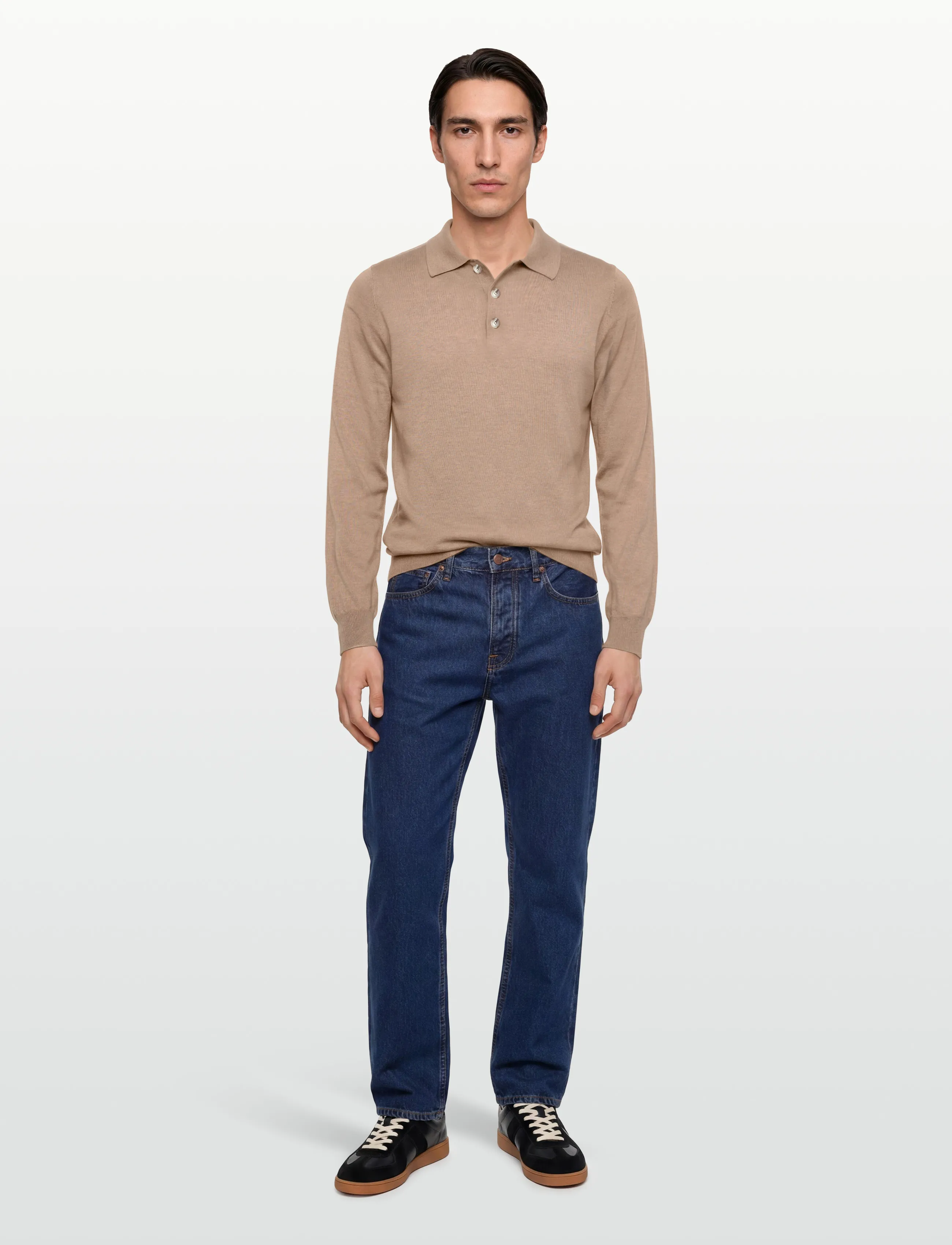 Davida Cashmere Man Fine Knit Collar, Mænd, Fin Strikket Langærmet Polo Shirt, Beige, Str: L