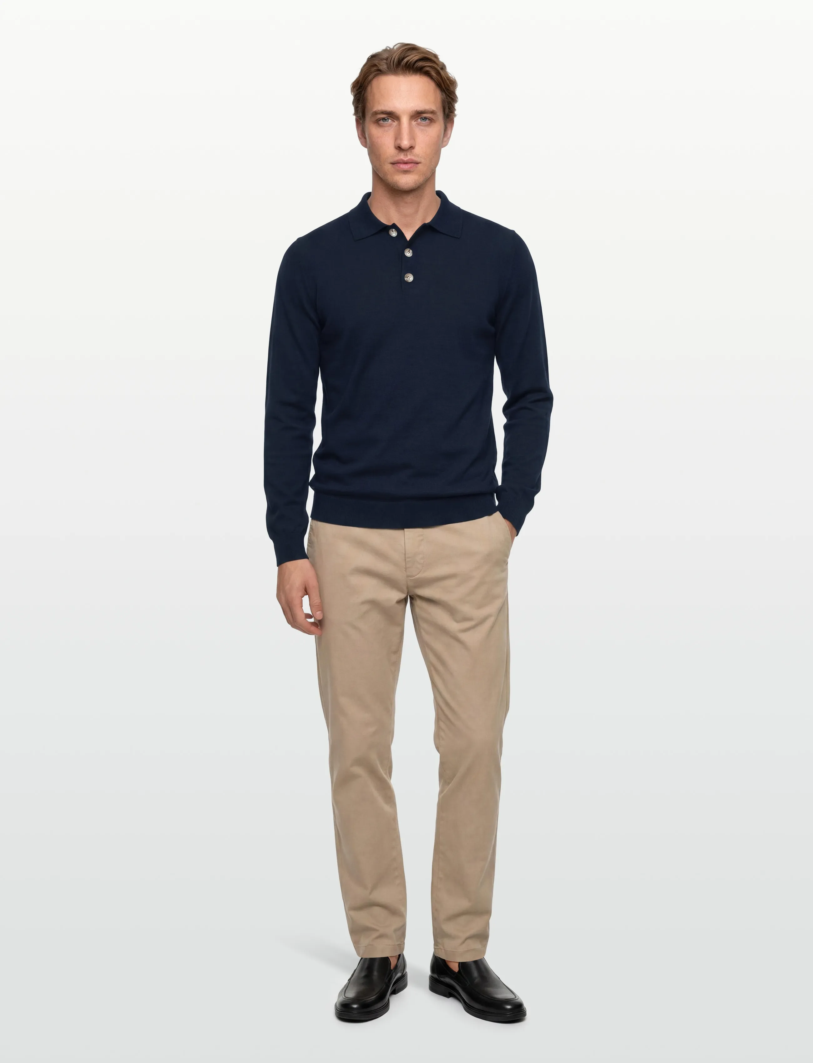 Davida Cashmere Man Fine Knit Collar, Mænd, Fin Strikket Langærmet Polo Shirt, Navy, Str: S