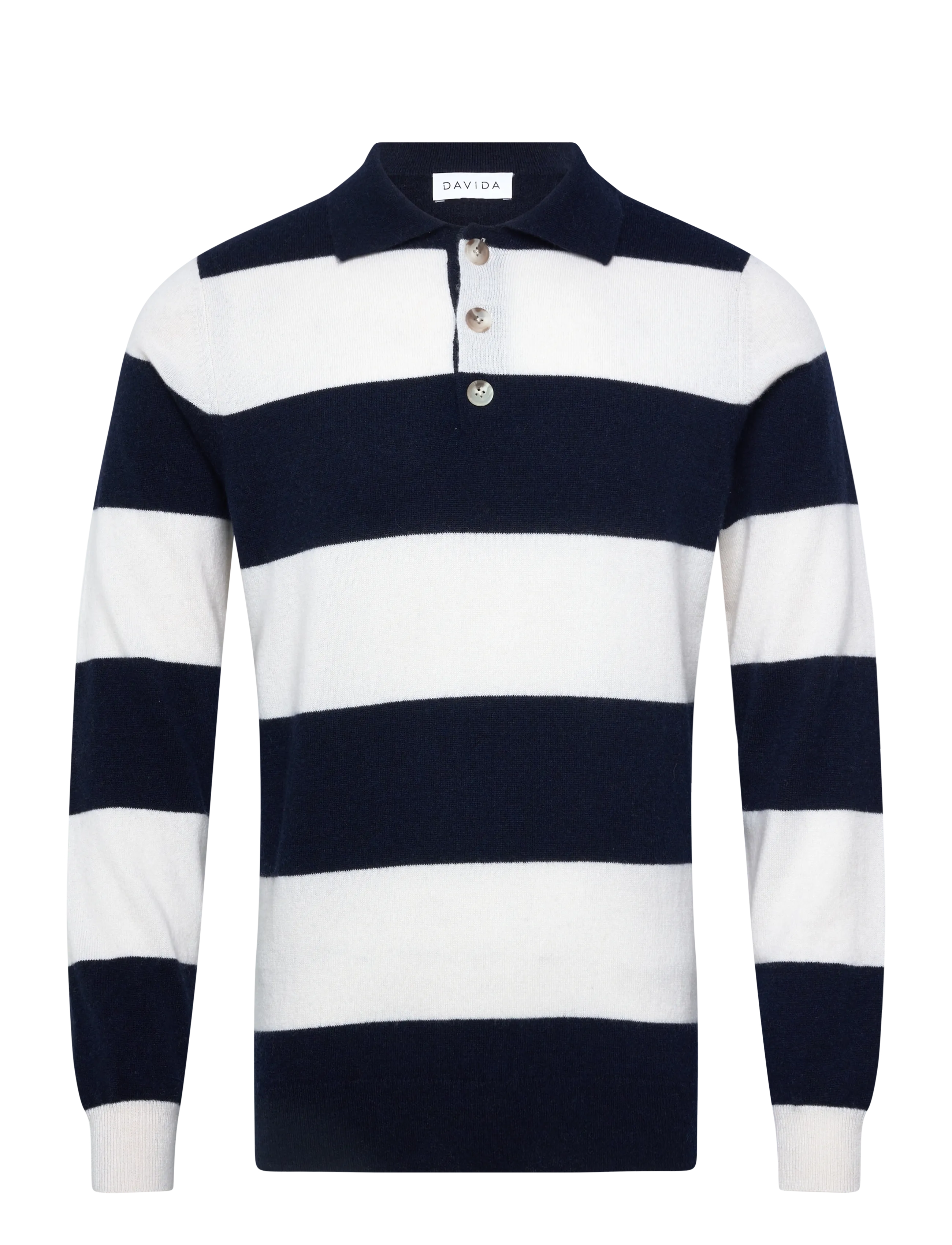 Davida Cashmere Man Collar Striped, Mænd, Stribet Langærmet Strikket Polo Shirt, Navy, Str: L