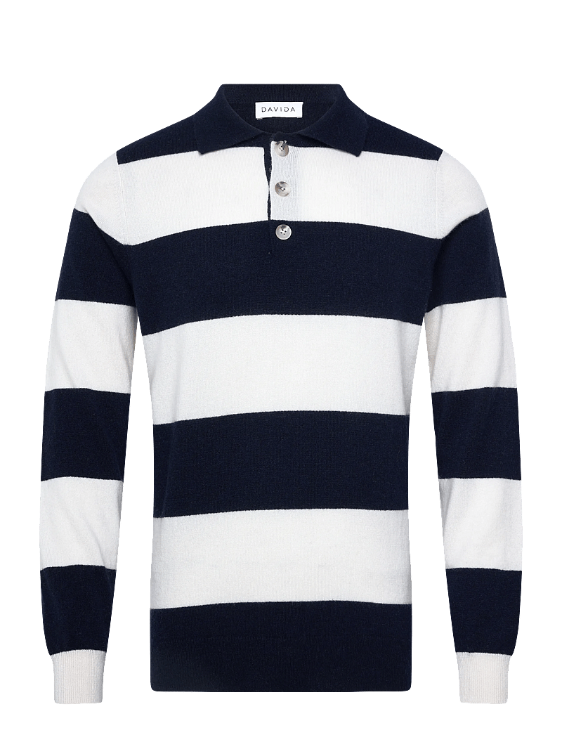 Davida Cashmere - Man collar striped - langermede, strikkede pologensere - navy - 0