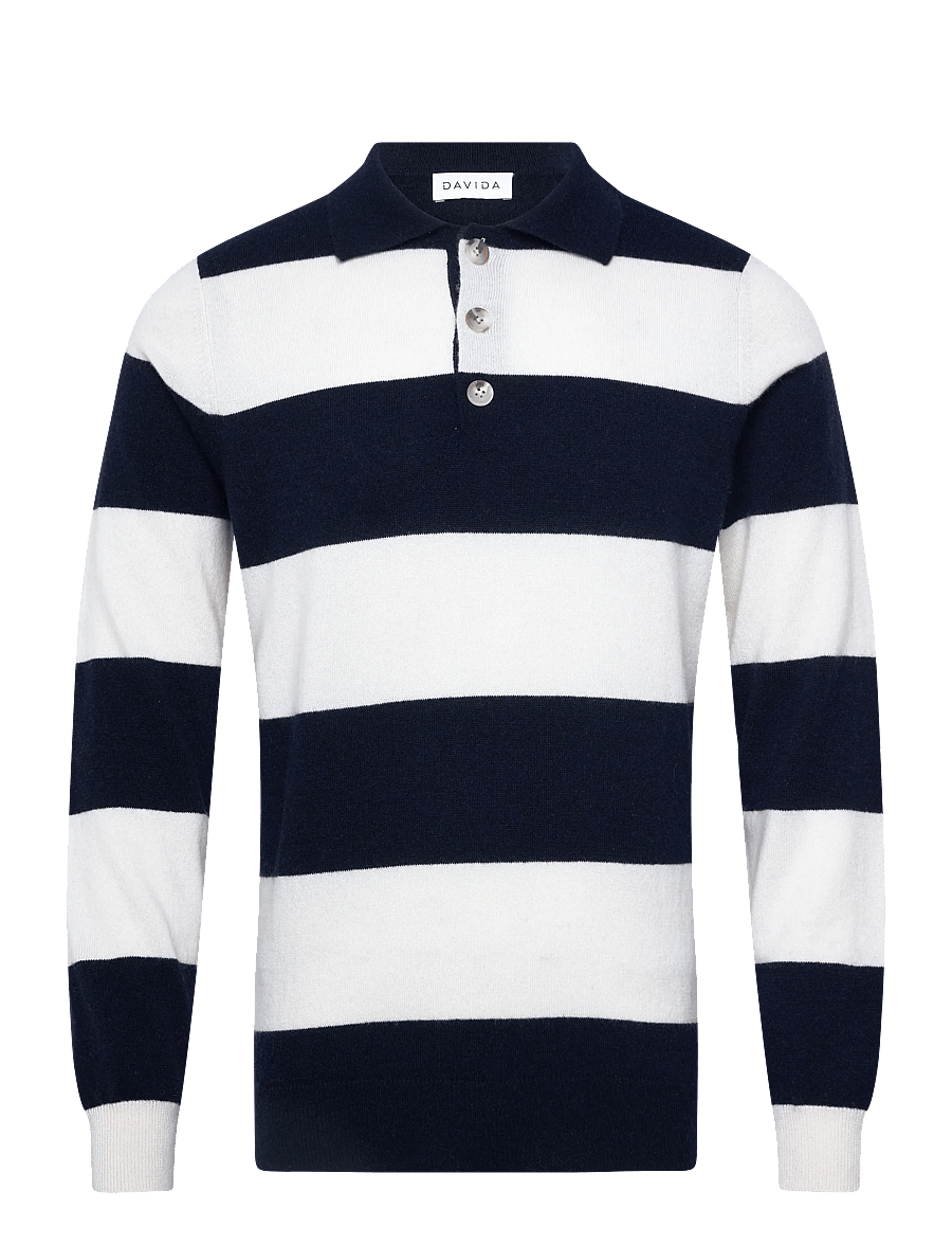 Davida Cashmere - Man collar striped - langärmelige gestrickte polohemden - navy - 0