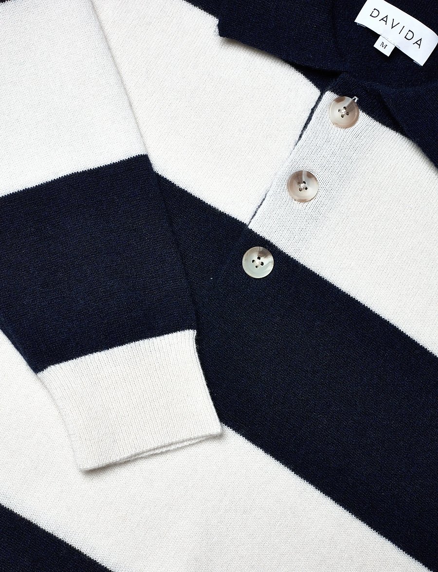 Davida Cashmere - Man collar striped - langärmelige gestrickte polohemden - navy - 2