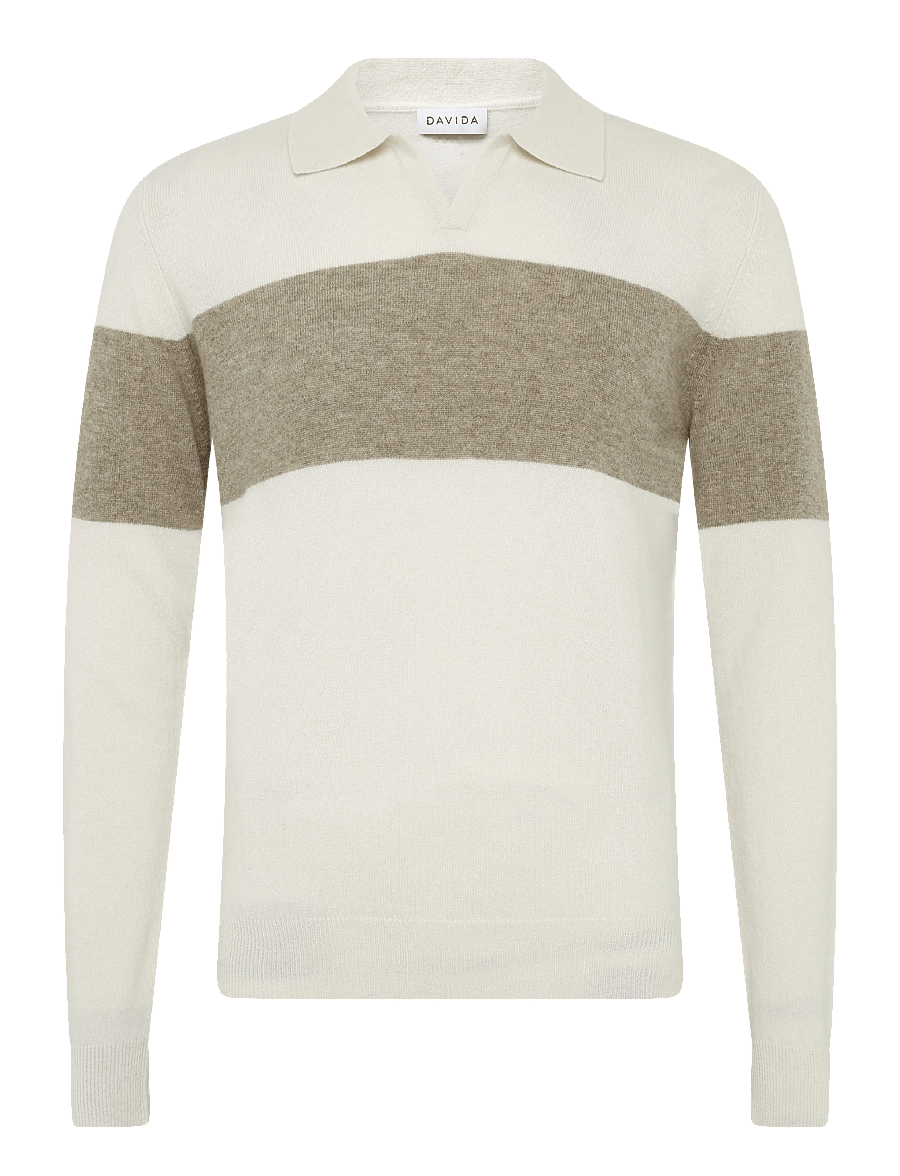 Davida Cashmere - Man Open Collar One Stripe - long-sleeved knitted polos - mink/white - 0
