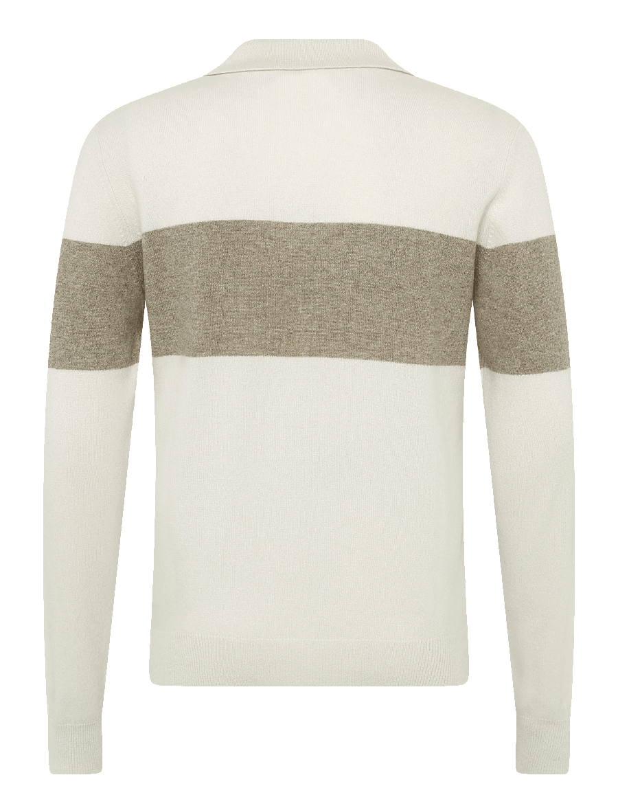 Davida Cashmere - Man Open Collar One Stripe - long-sleeved knitted polos - mink/white - 1