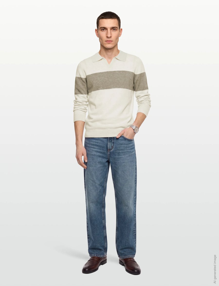 Davida Cashmere - Man Open Collar One Stripe - poloer i strik med lange ærmer - mink/white - 0