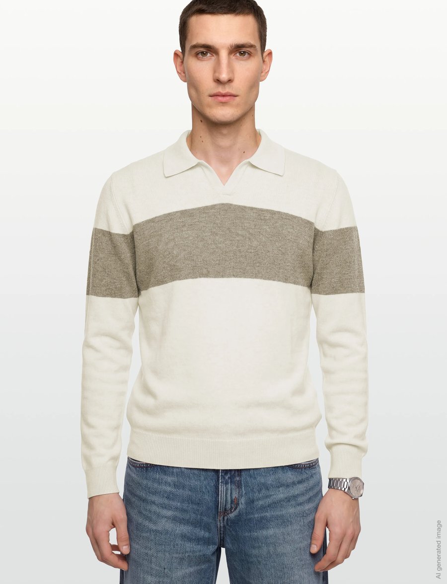 Davida Cashmere - Man Open Collar One Stripe - poloer i strik med lange ærmer - mink/white - 3