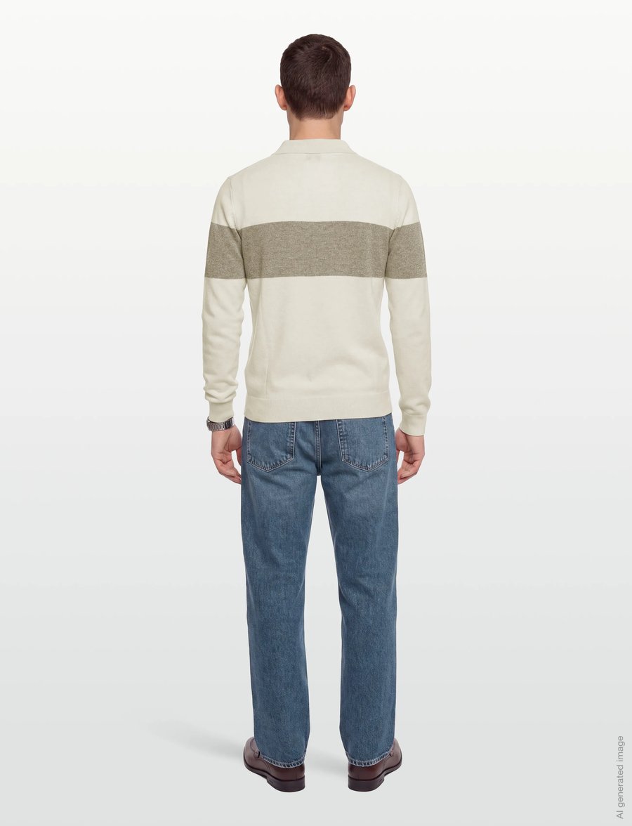 Davida Cashmere - Man Open Collar One Stripe - poloer i strik med lange ærmer - mink/white - 4