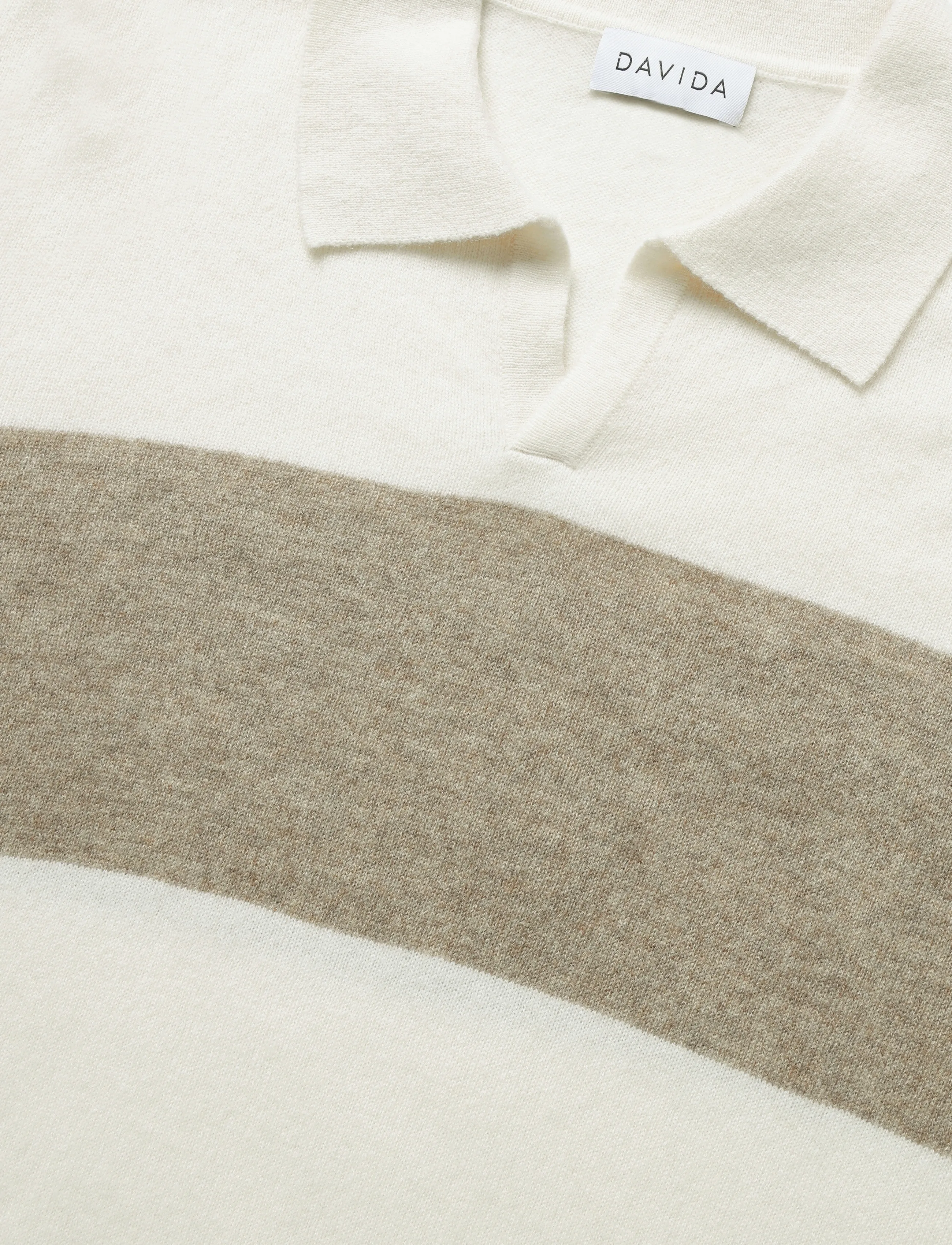 Davida Cashmere - Man Open Collar One Stripe - long-sleeved knitted polos - mink/white - 2