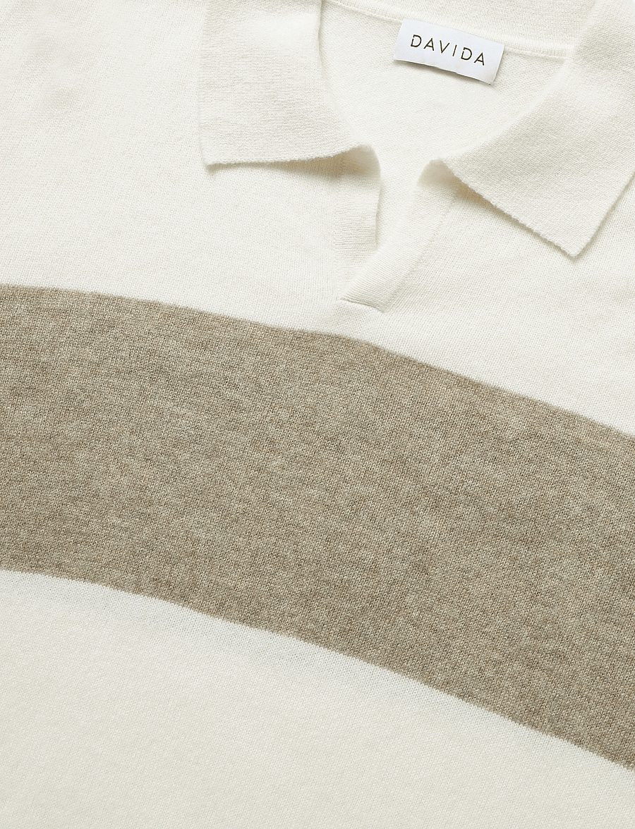 Davida Cashmere - Man Open Collar One Stripe - long-sleeved knitted polos - mink/white - 2