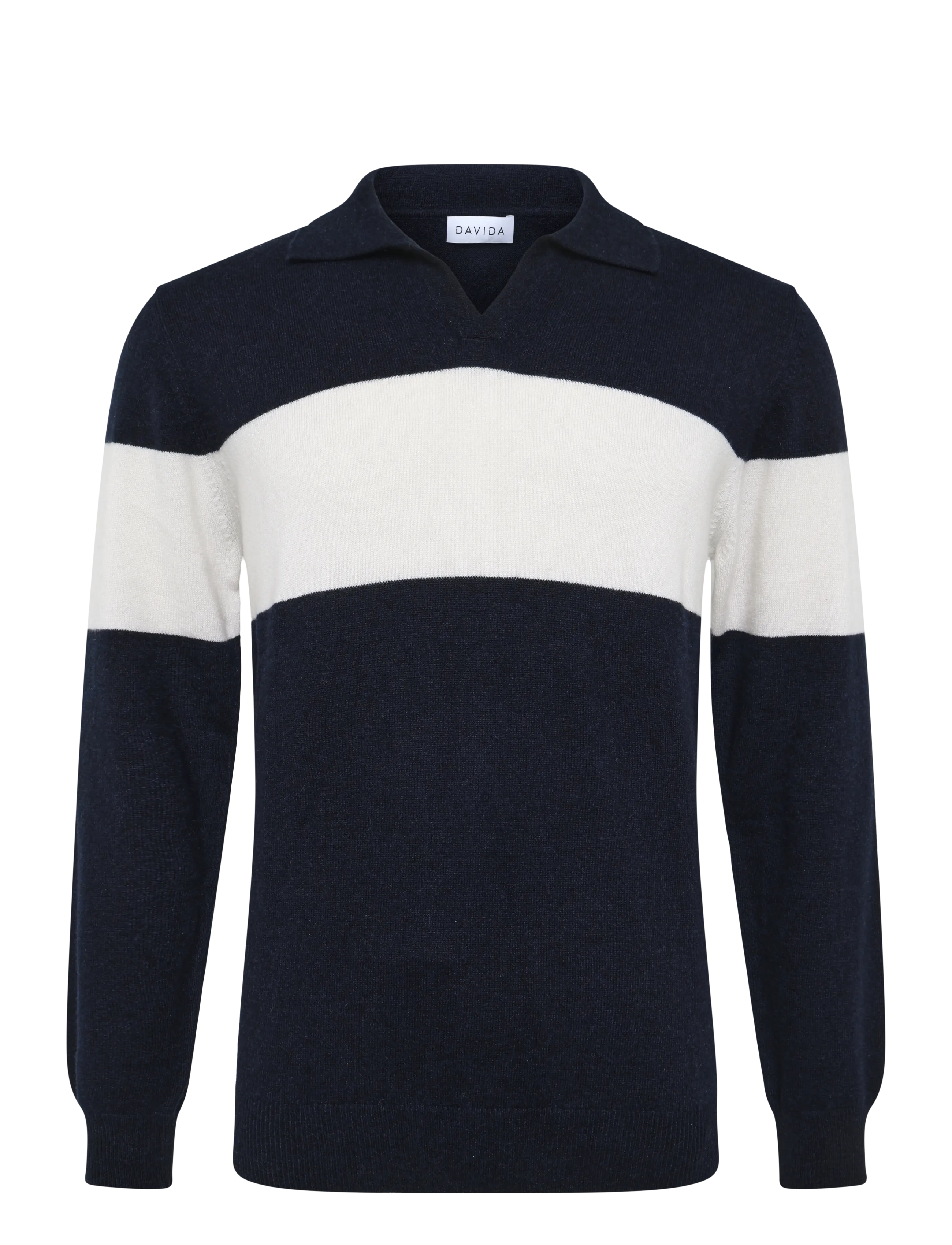 DAVIDA CASHMERE Man Open Collar One Stripe Navy - L - Herren