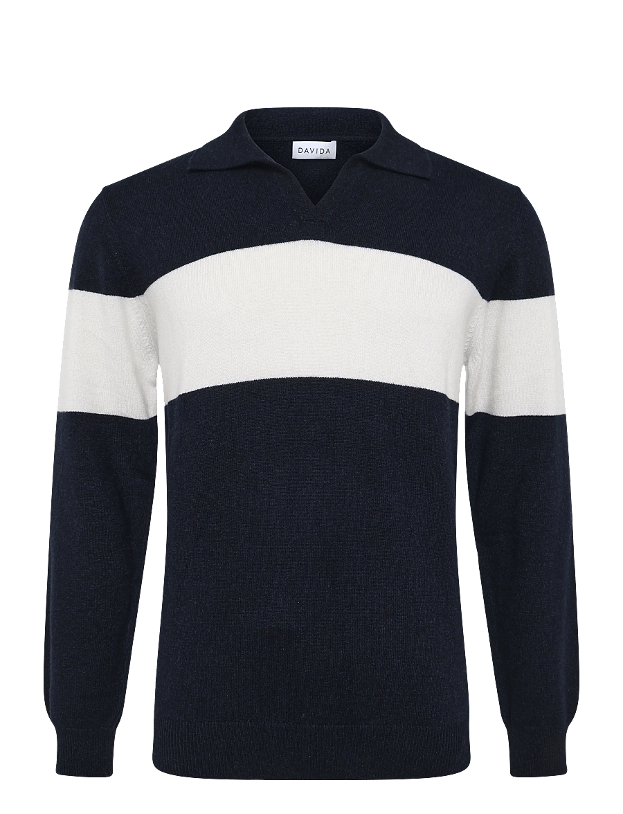 Davida Cashmere - Man Open Collar One Stripe - langärmelige strick-polohemden - navy/white - 1
