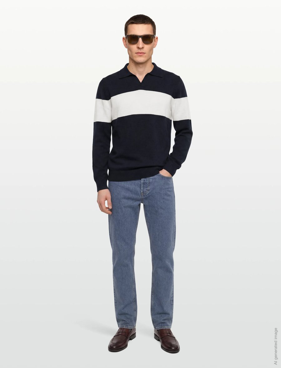 Davida Cashmere - Man Open Collar One Stripe - langärmelige strick-polohemden - navy/white - 0