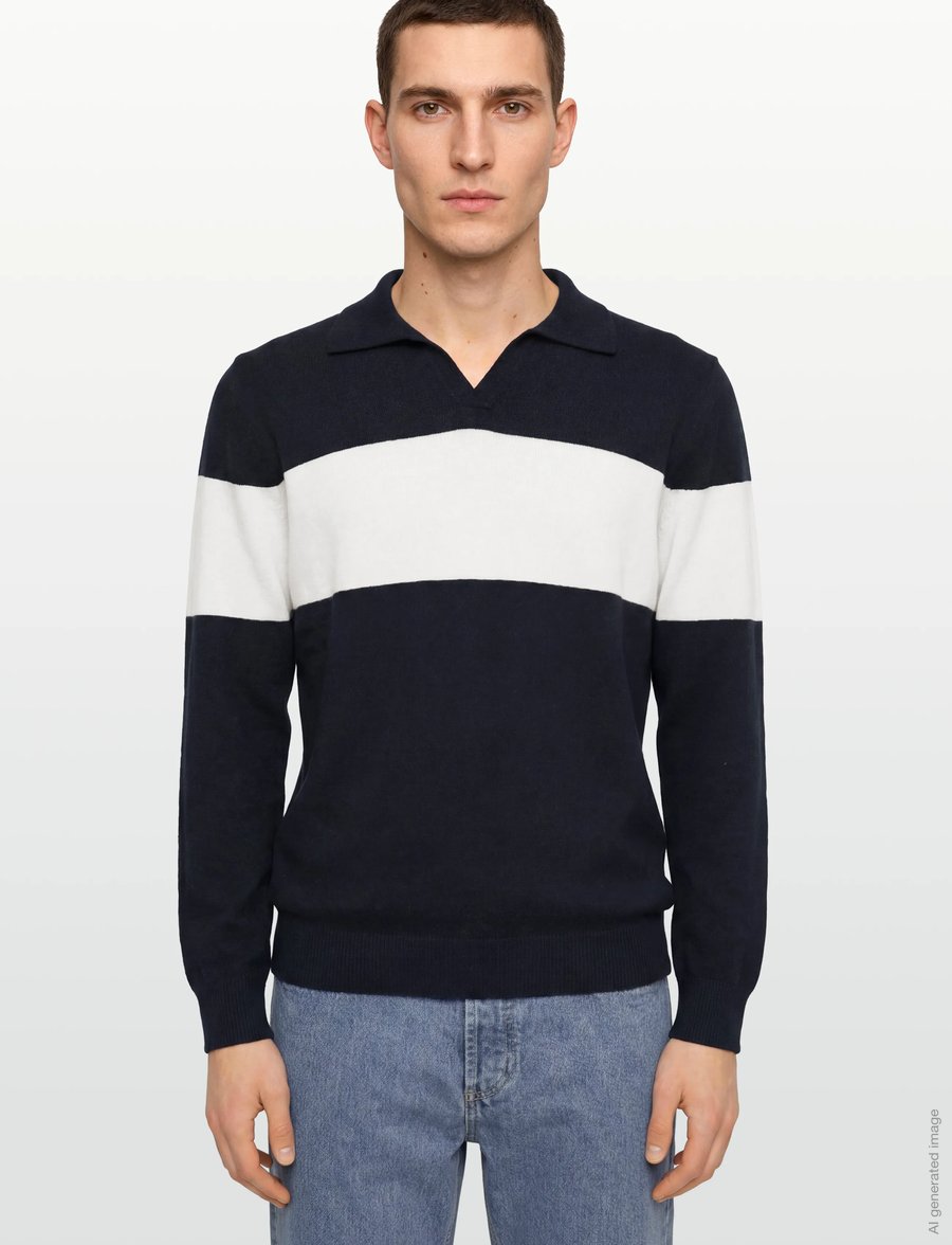 Davida Cashmere - Man Open Collar One Stripe - langärmelige strick-polohemden - navy/white - 3
