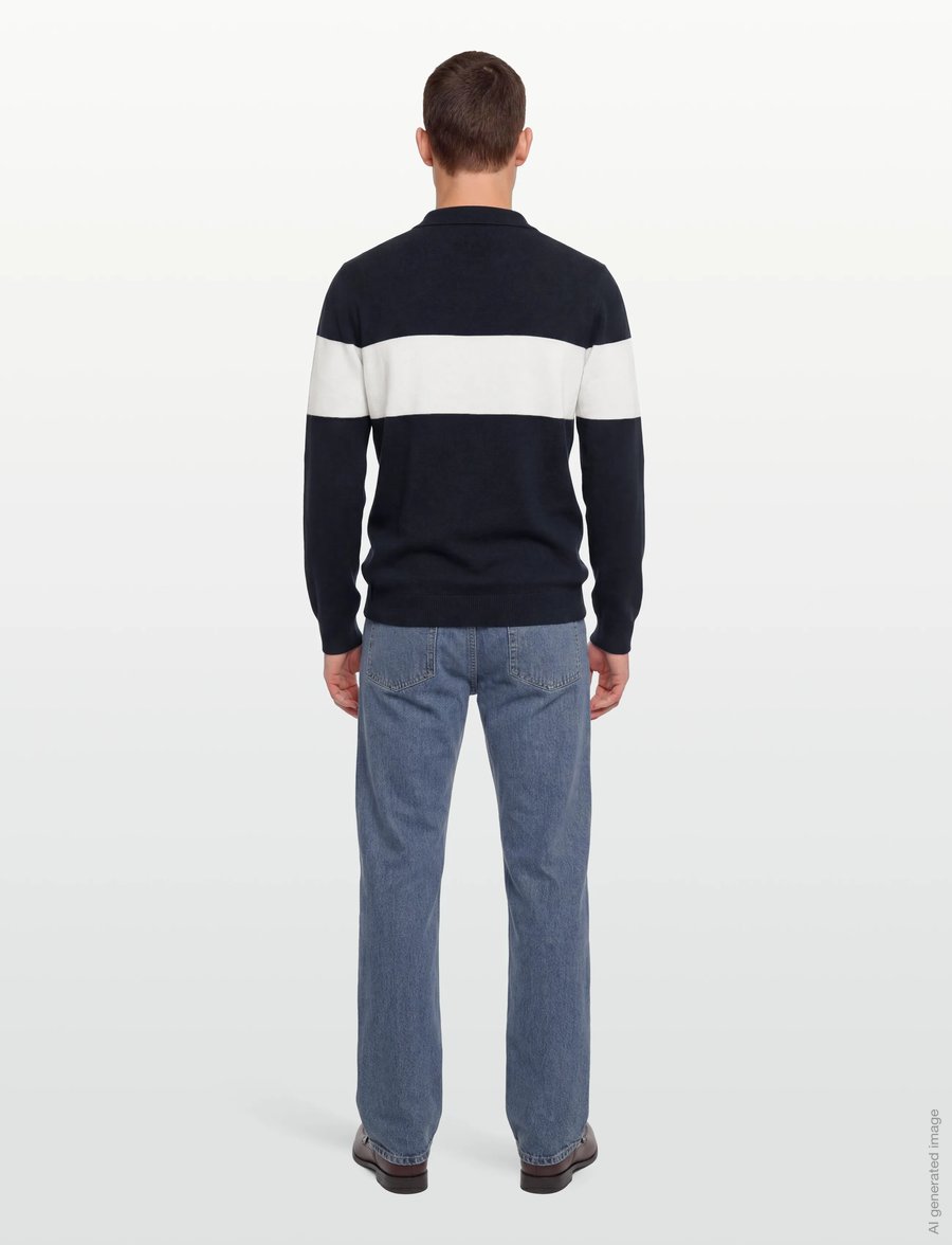 Davida Cashmere - Man Open Collar One Stripe - langärmelige strick-polohemden - navy/white - 4