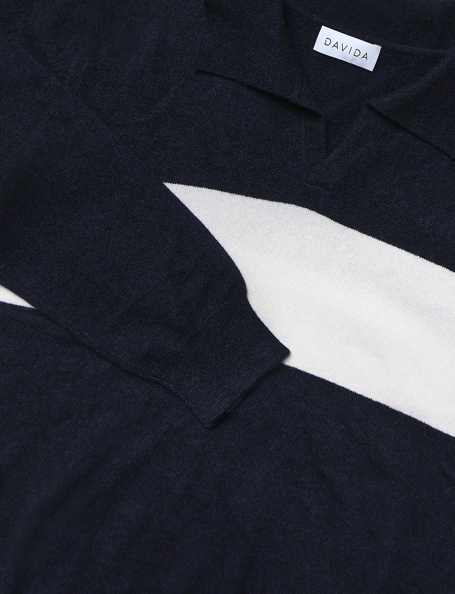 Davida Cashmere - Man Open Collar One Stripe - langärmelige strick-polohemden - navy/white - 5