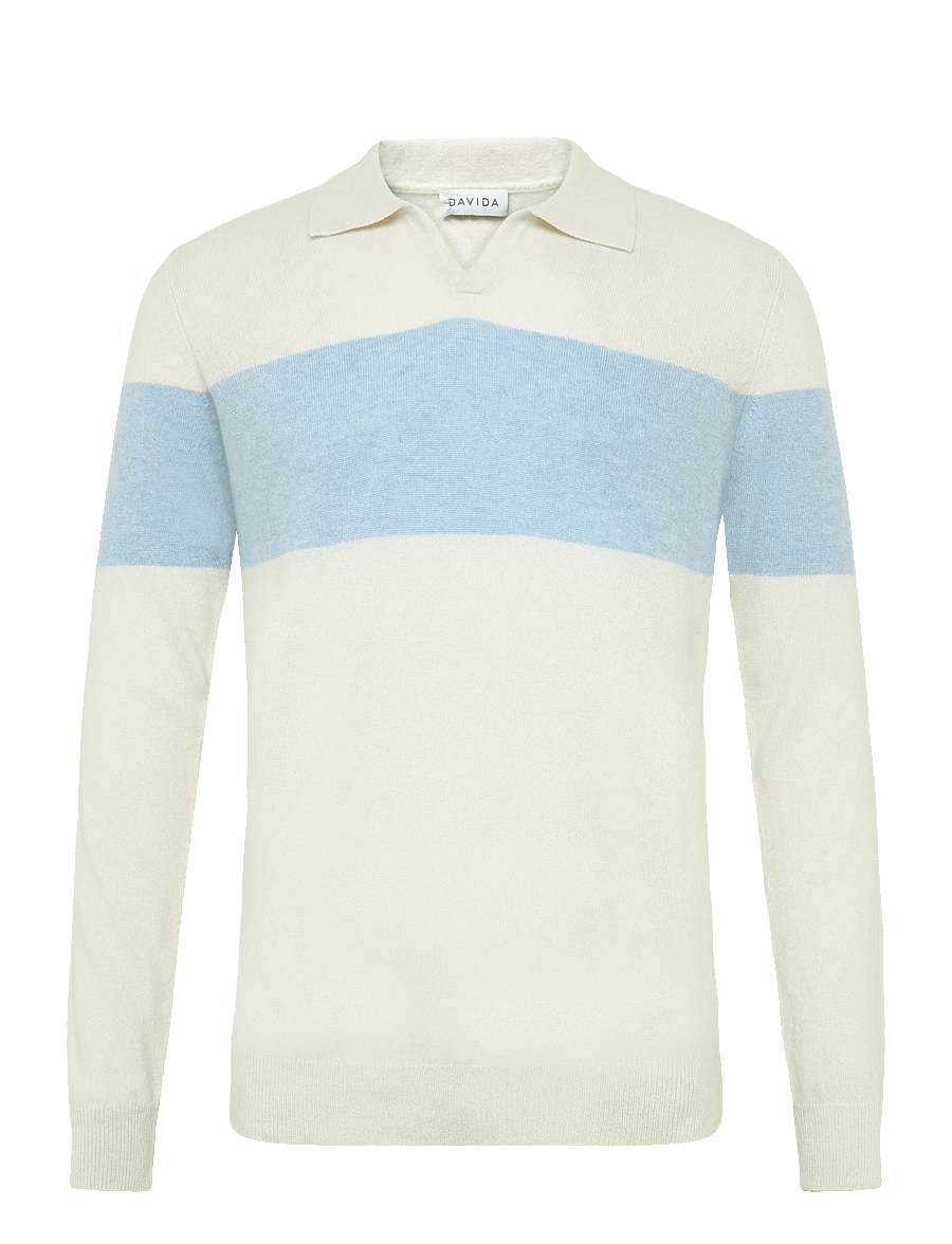 Davida Cashmere - Man Open Collar One Stripe - langärmelige strick-polohemden - white/blue fog - 1