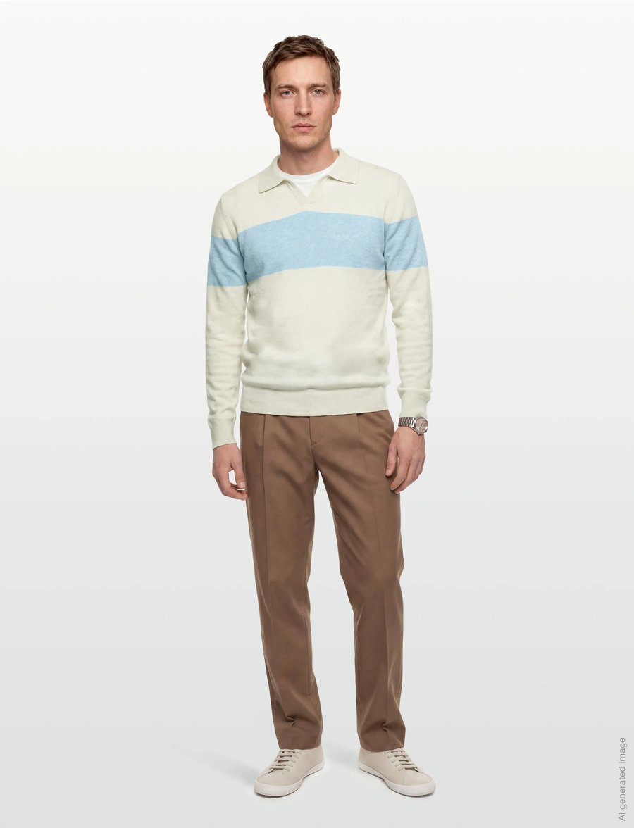 Davida Cashmere - Man Open Collar One Stripe - langärmelige strick-polohemden - white/blue fog - 0