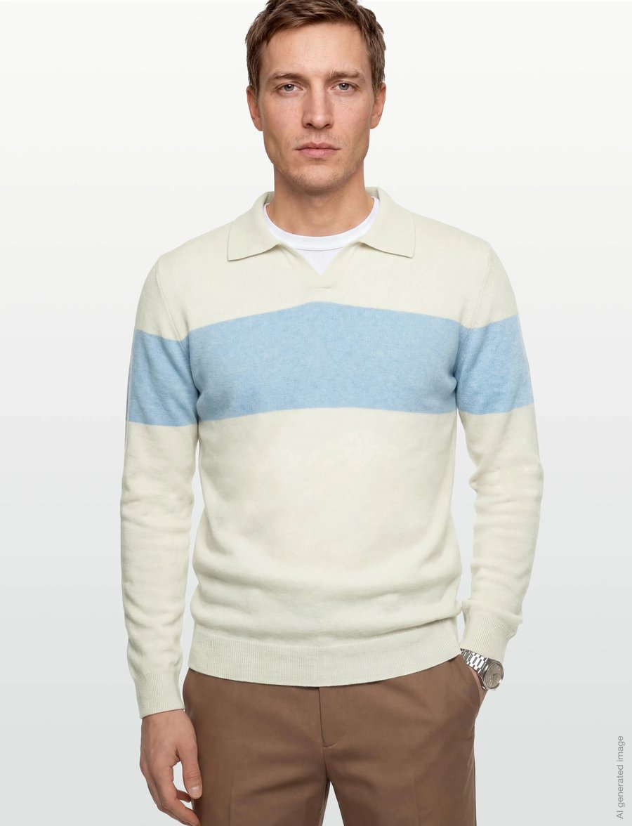 Davida Cashmere - Man Open Collar One Stripe - langärmelige strick-polohemden - white/blue fog - 3