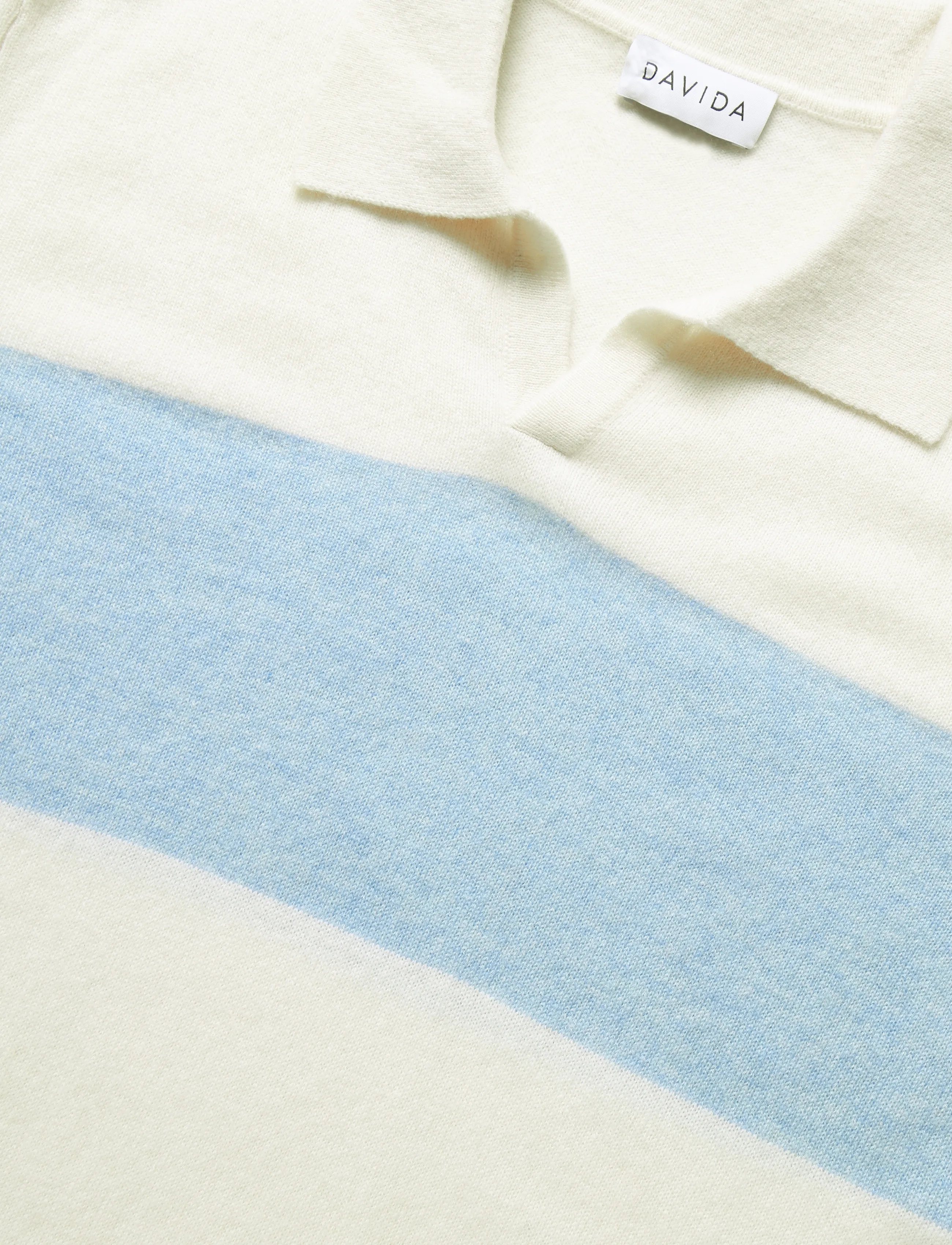 Davida Cashmere - Man Open Collar One Stripe - long-sleeved knitted polos - white/blue fog - 5