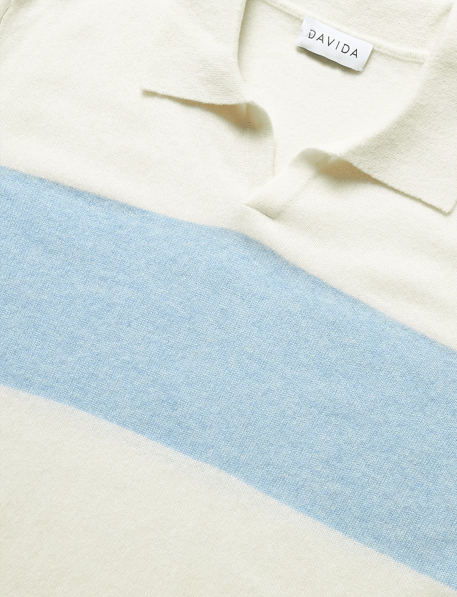 Davida Cashmere - Man Open Collar One Stripe - langärmelige strick-polohemden - white/blue fog - 5