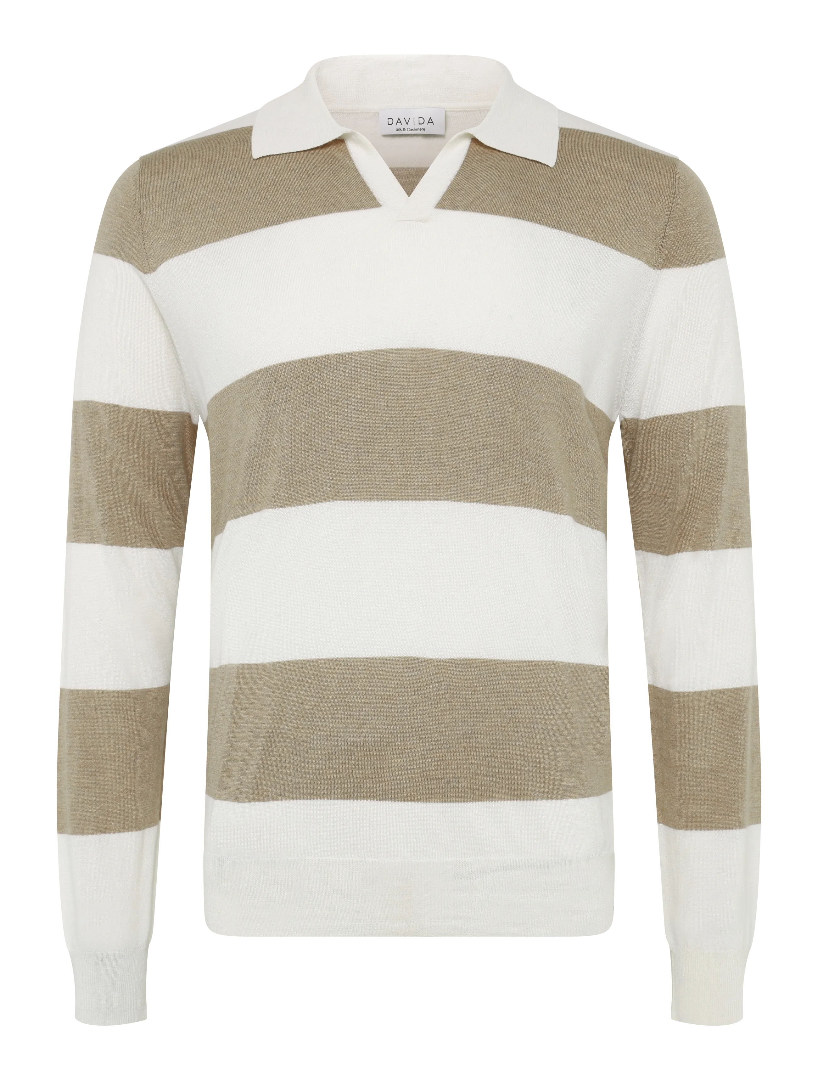 DAVIDA CASHMERE Man Fine Knit Open Collar Gestreift Beige - M - Herren