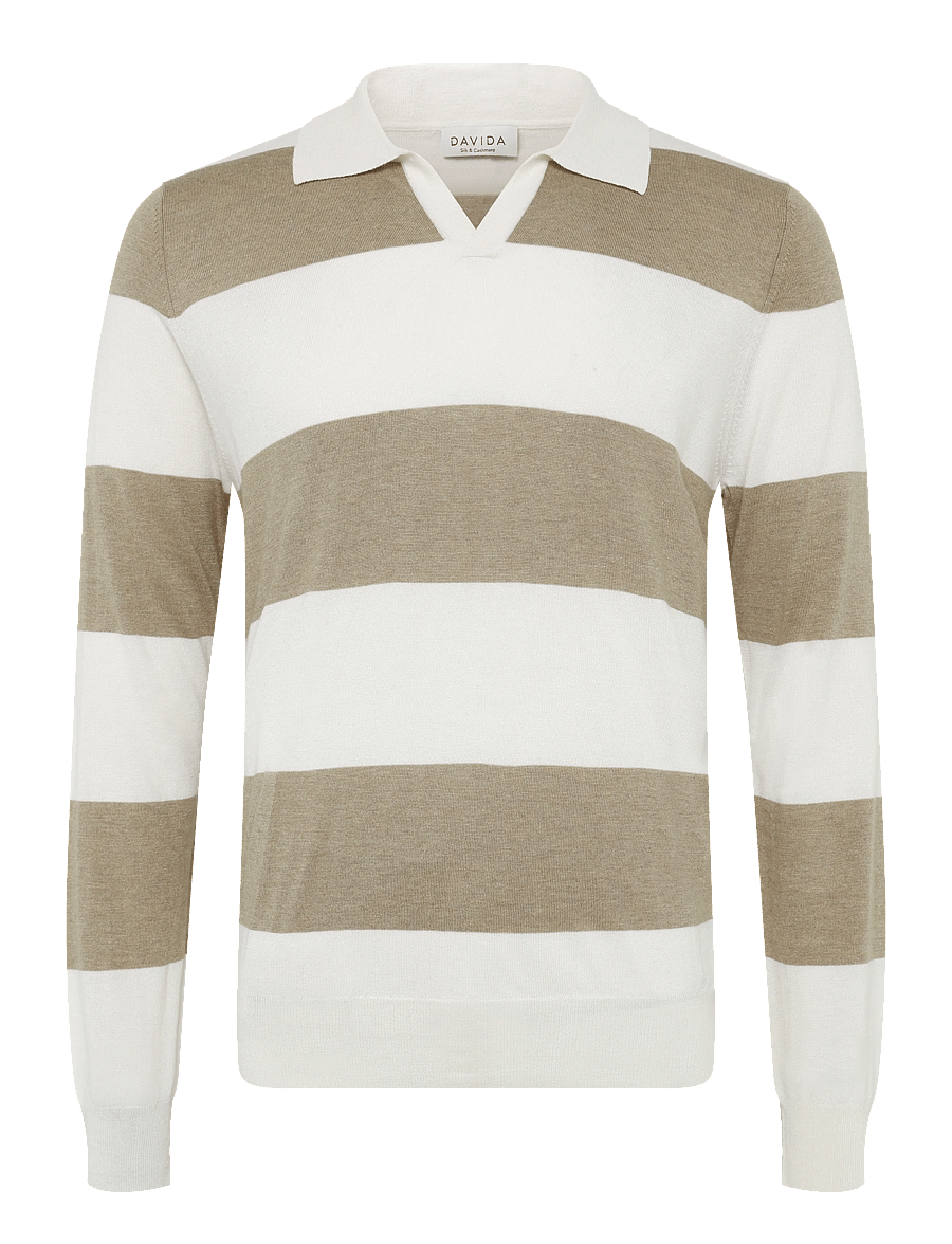 Davida Cashmere - Man Fine Knit Open Collar Striped - långärmade stickade pikétröjor - mink/white - 0