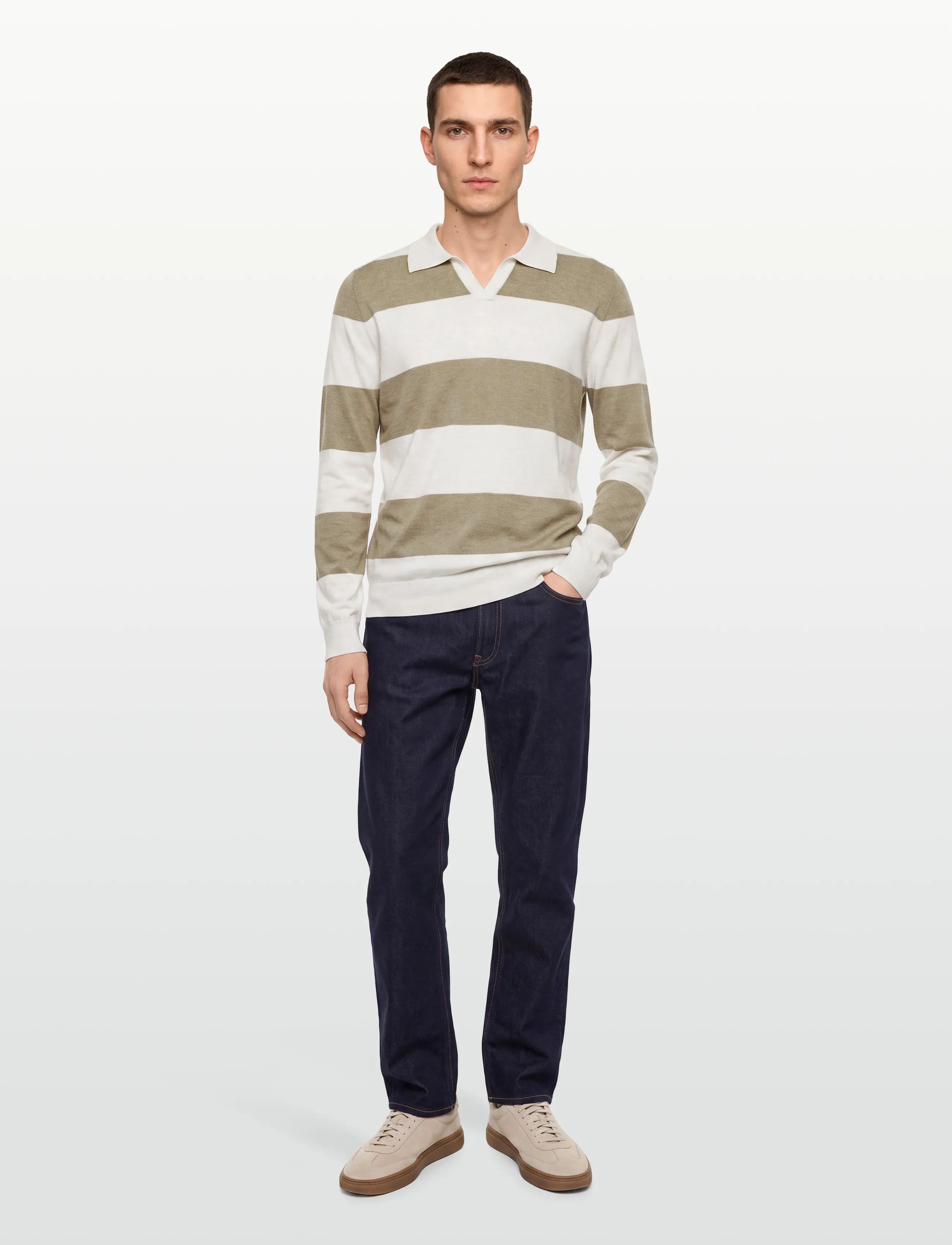 Davida Cashmere Man Fine Knit Open Collar Striped, Mænd, Stribet Finstrikket Polotrøje, Beige, Str: L