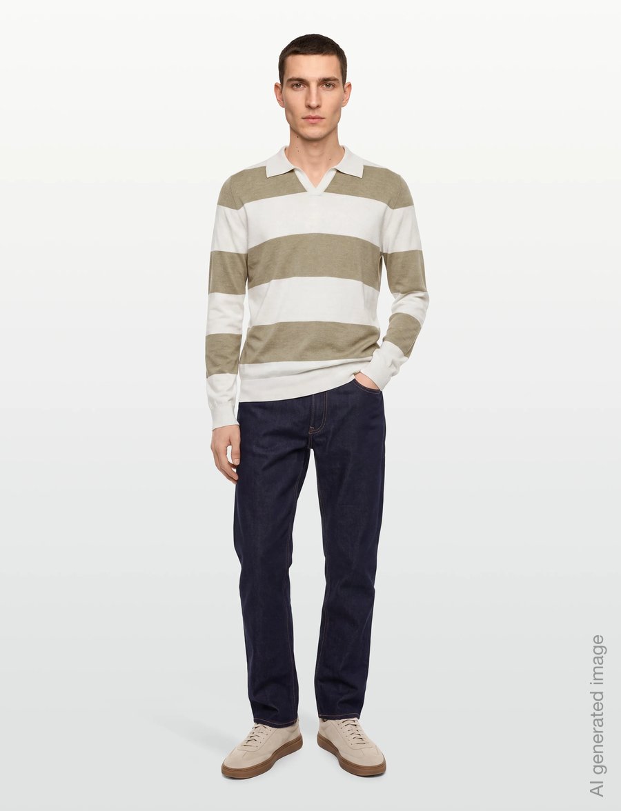 Davida Cashmere - Man Fine Knit Open Collar Striped - langärmelige strick-polohemden - mink/white - 0