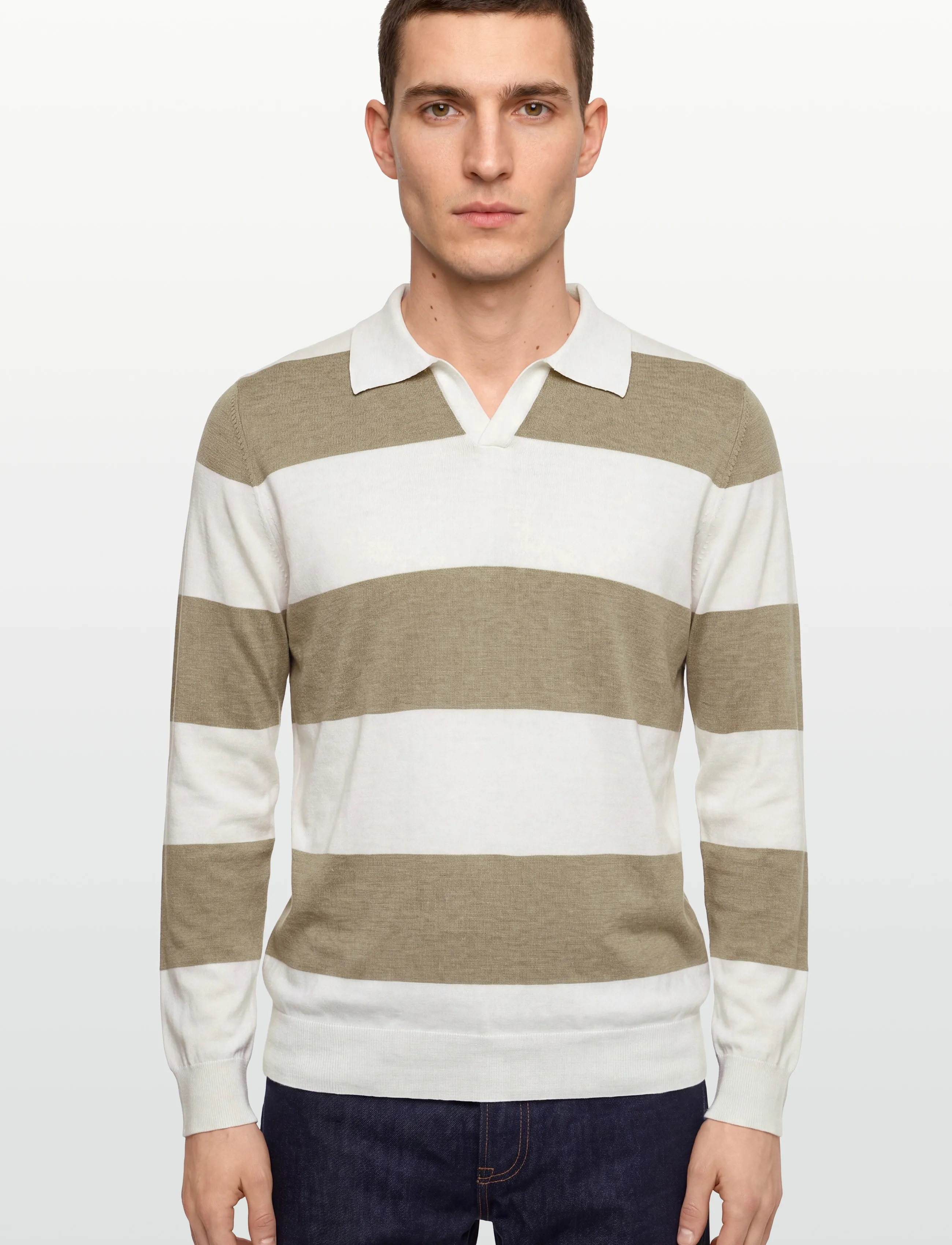 Davida Cashmere - Man Fine Knit Open Collar Striped - neulotut poolot - mink/white - 3