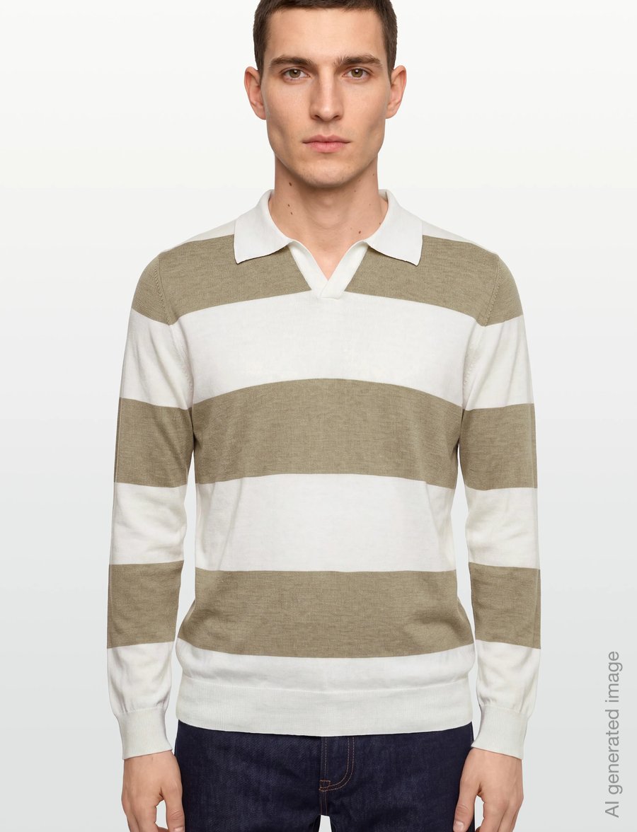 Davida Cashmere - Man Fine Knit Open Collar Striped - langärmelige strick-polohemden - mink/white - 3
