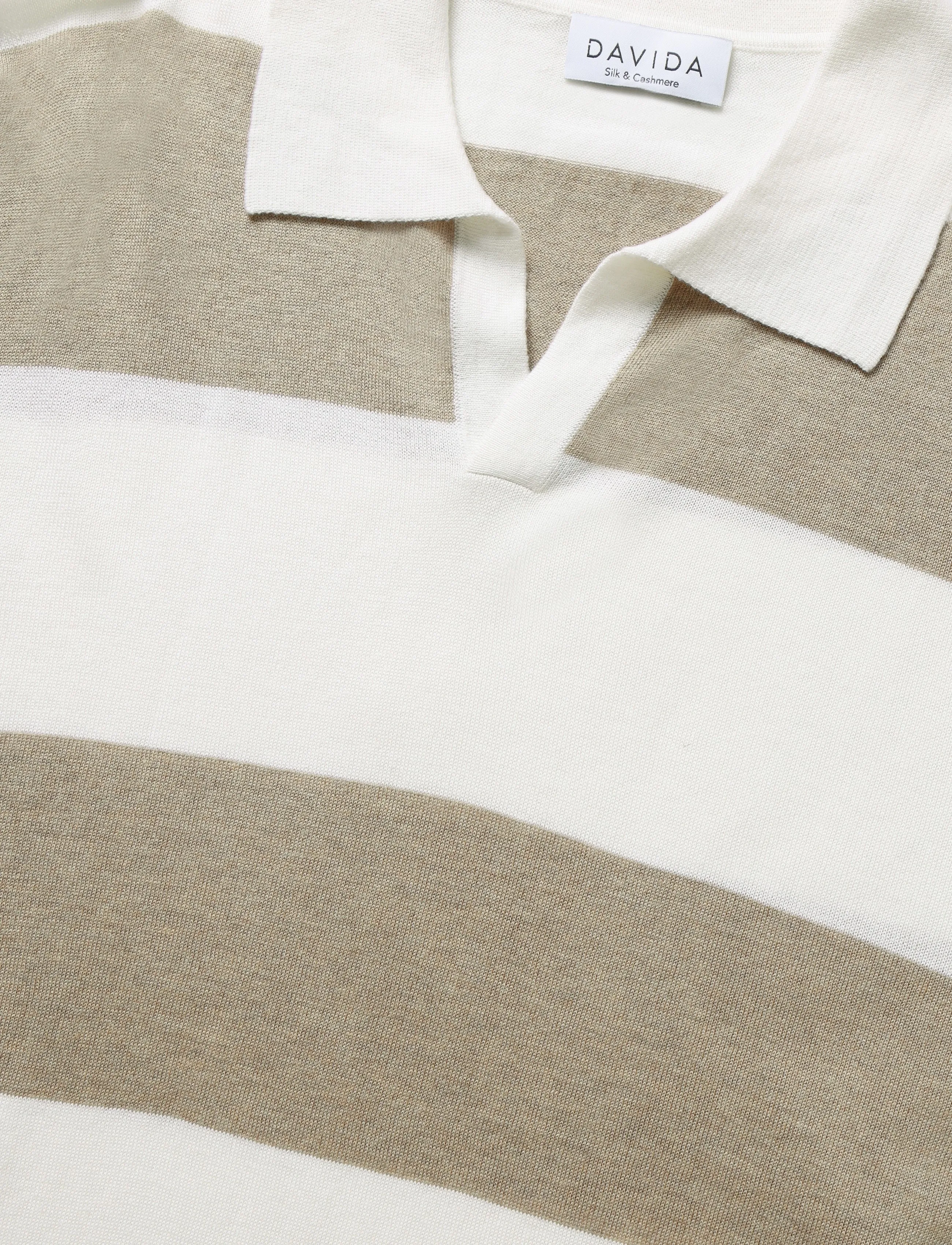 Davida Cashmere - Man Fine Knit Open Collar Striped - mink/white - 2