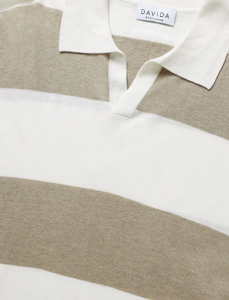 Davida Cashmere - Man Fine Knit Open Collar Striped - långärmade stickade pikétröjor - mink/white - 2