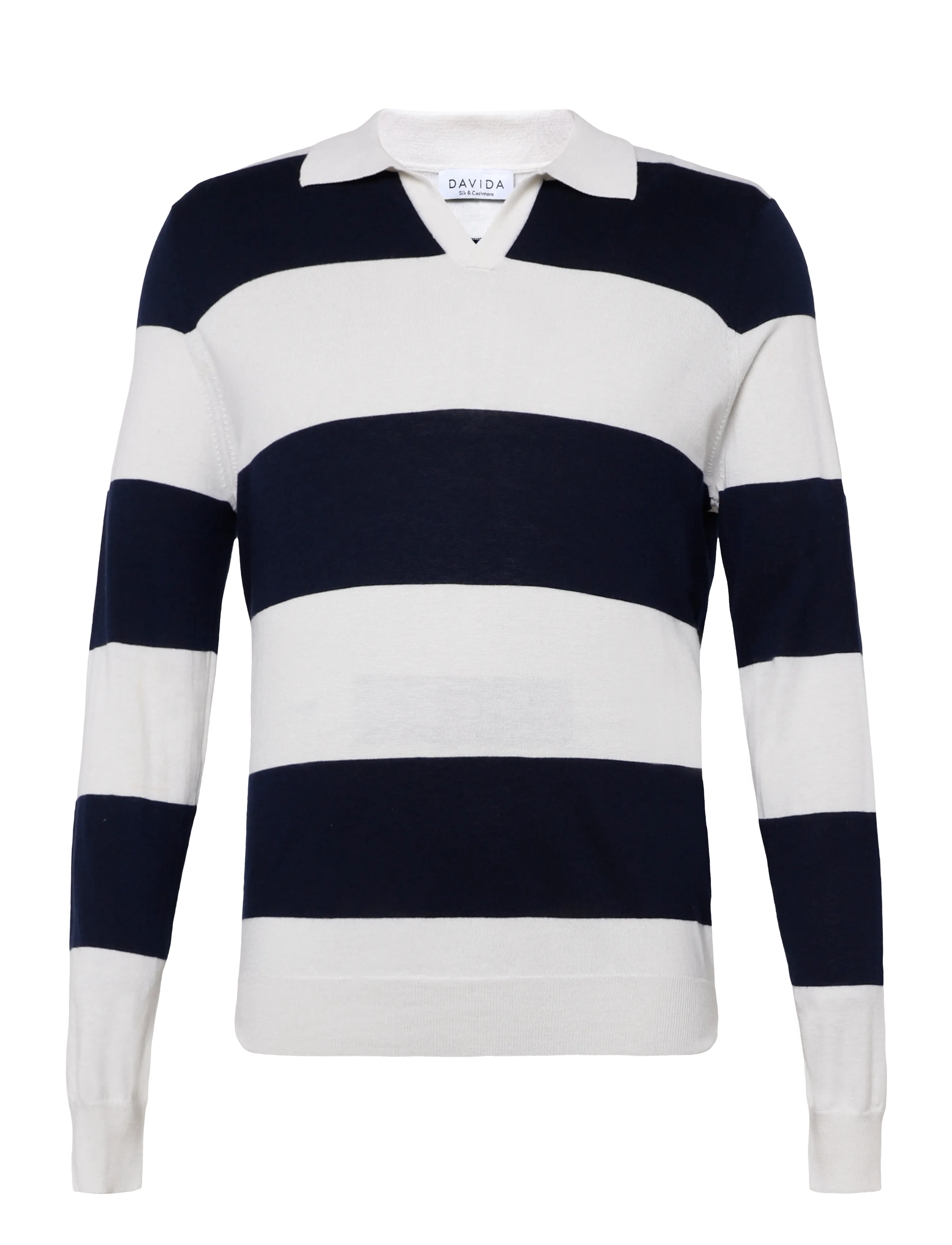 Davida Cashmere Man Fine Knit Open Collar Striped - Vis alt - WHITE/NAVY / white