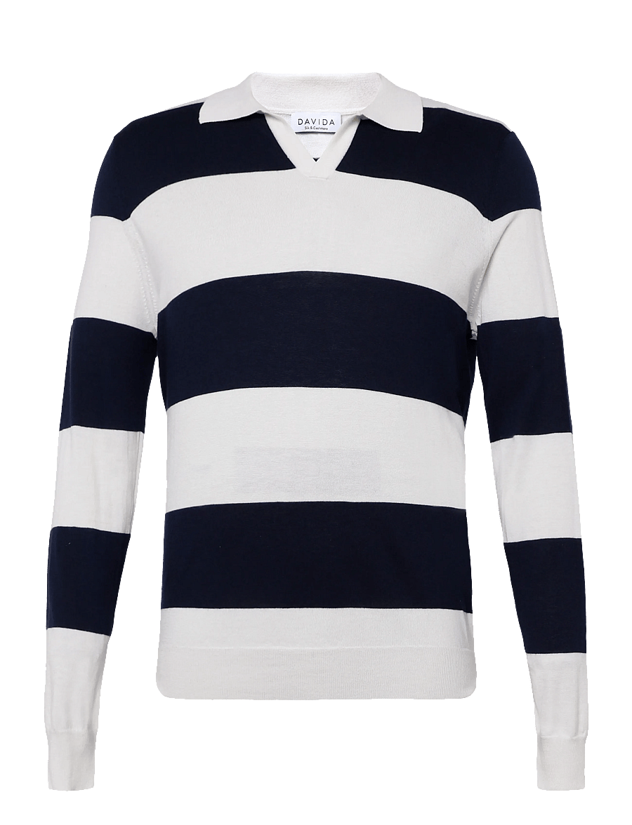 Davida Cashmere - Man Fine Knit Open Collar Striped - langärmelige strick-polohemden - white/navy - 0
