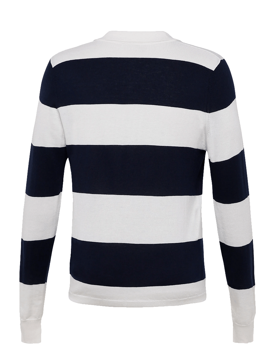 Davida Cashmere - Man Fine Knit Open Collar Striped - langärmelige strick-polohemden - white/navy - 1