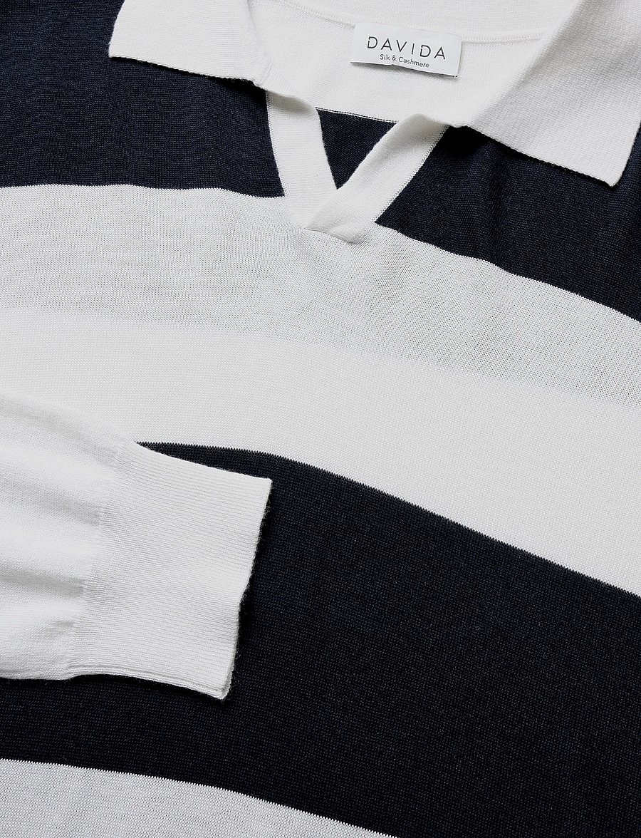 Davida Cashmere - Man Fine Knit Open Collar Striped - langärmelige strick-polohemden - white/navy - 2