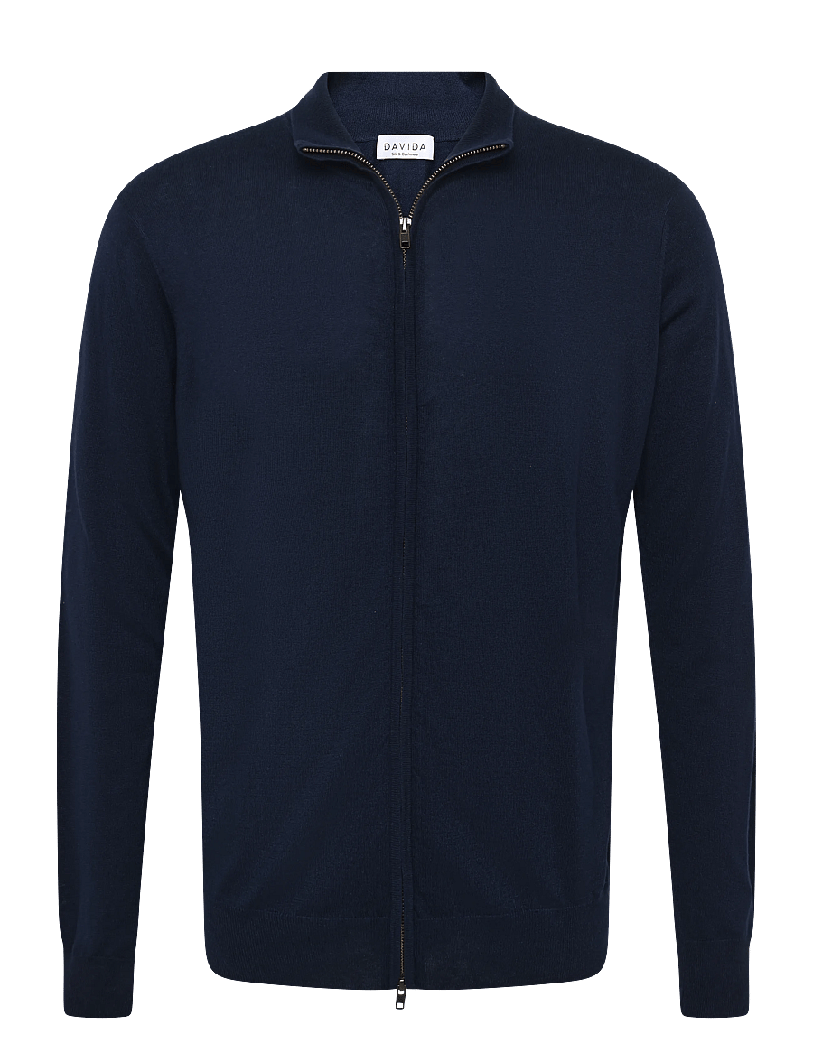 Davida Cashmere - Man Fine Knit Full Zip - pullover mit durchgehendem reißverschluss - navy - 0