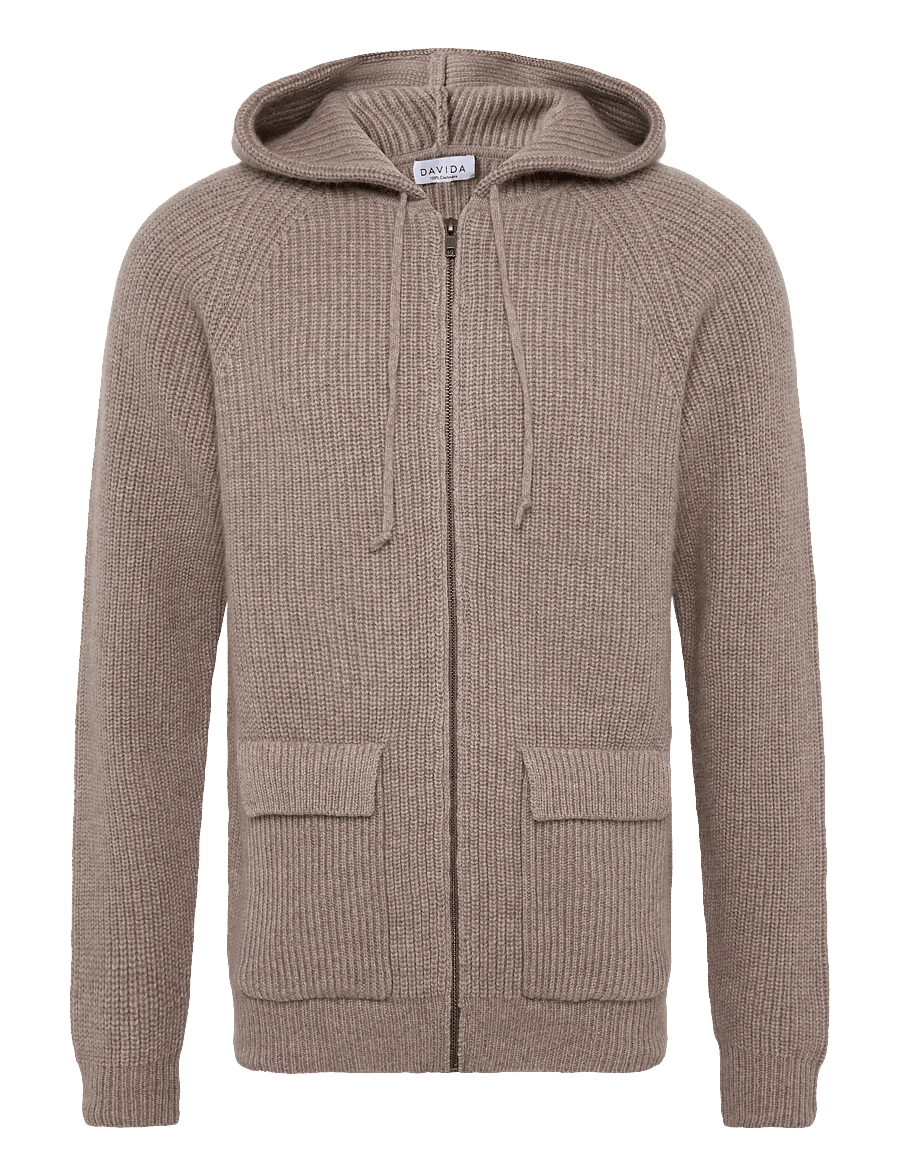 Davida Cashmere - man chunky rib hood - pullover mit durchgehendem reißverschluss - mink - 0